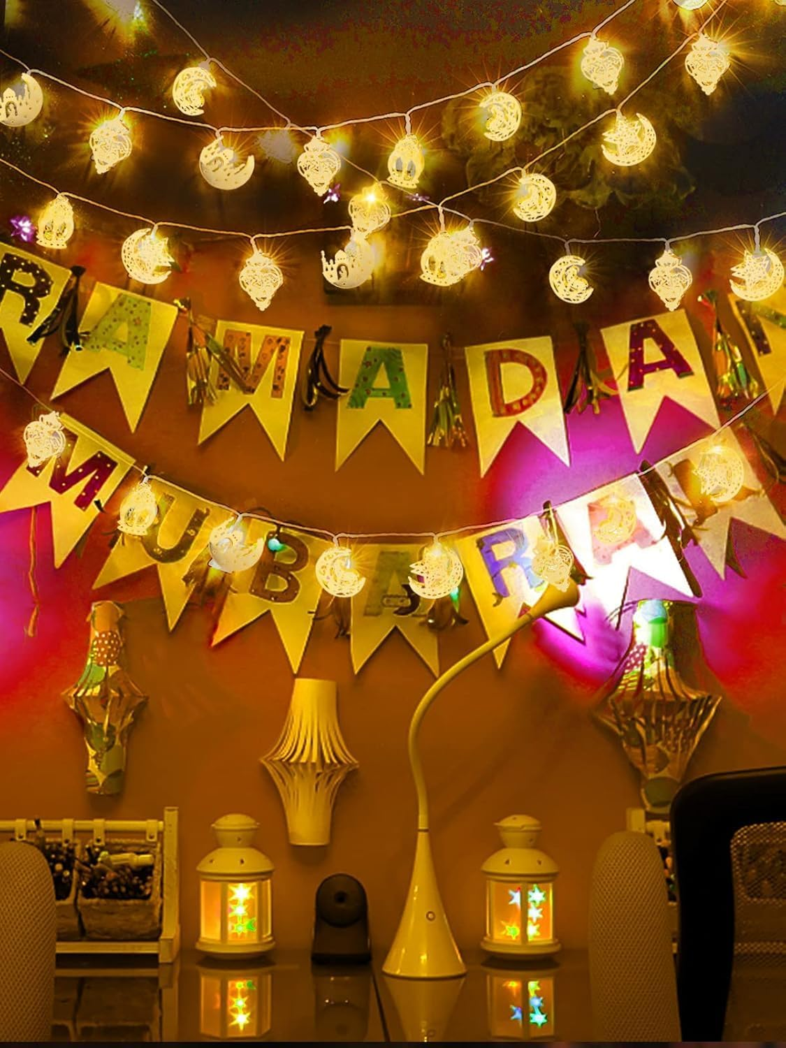 Ramadan Light Decorations, Battery Operated 20 LED EID Mubarak Lights, Bronze Metal Moon Star Lantern String Lights for Home, Mantle, Window, Tree, Bedroom, Classroom Decor image number 6