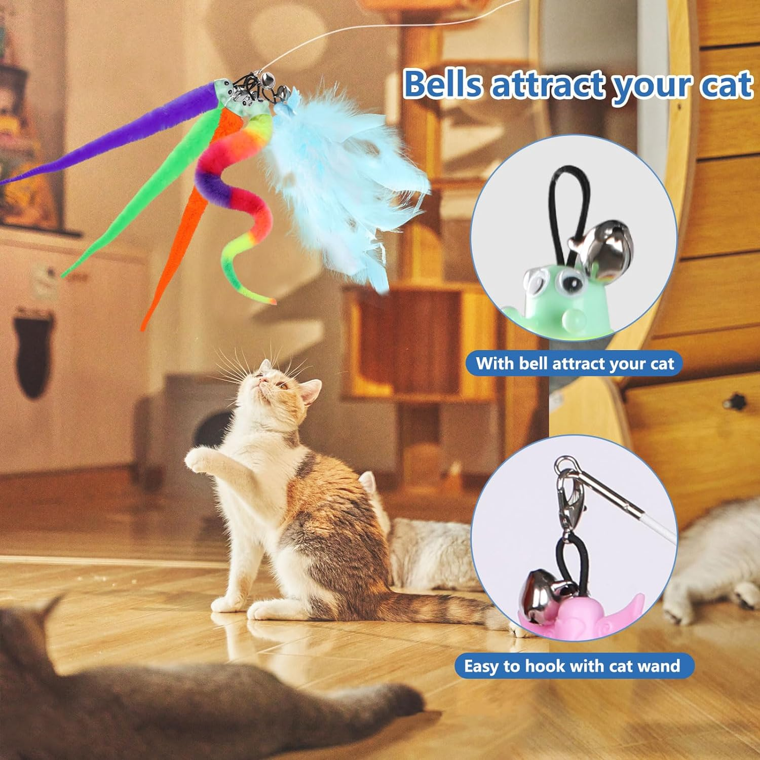 Hianjoo 10PCS Teaser Cat Toy, Replacement Teaser, 6 Pieces Cat Worms Refill and 4 Pieces Feather Toy with Bell, Interactive Catcher Teaser for Kitten or Cats image number 2