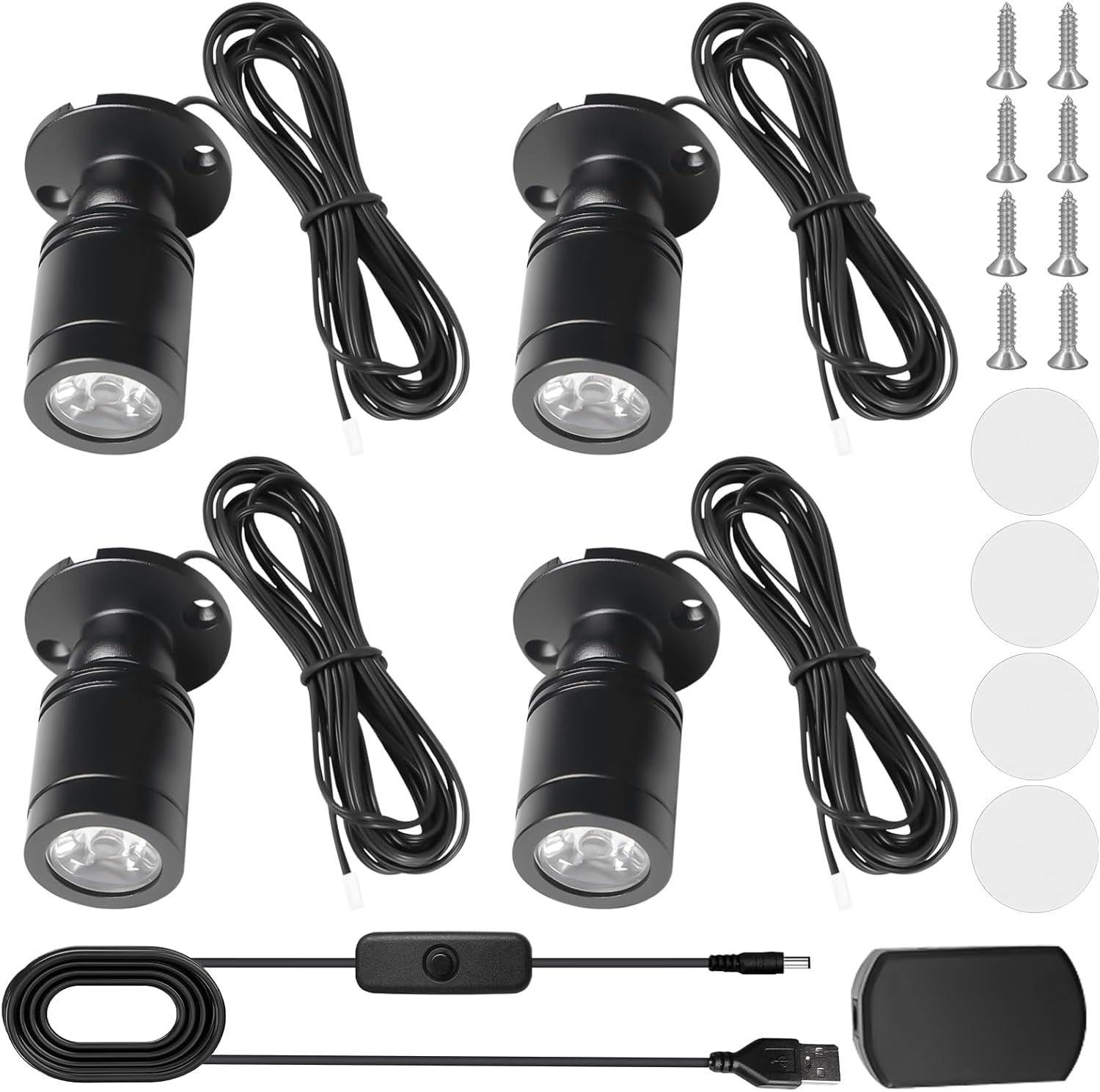 Aicharynic Pack of 4 Mini Spot Light, Mini Spotlight Dimmable Small Accent Light Set Warm White 3000 K, USB 5 V Spot Spotlight, 360&deg; Rotating Spot Spotlight for Showcases, Cabinets & Decoration