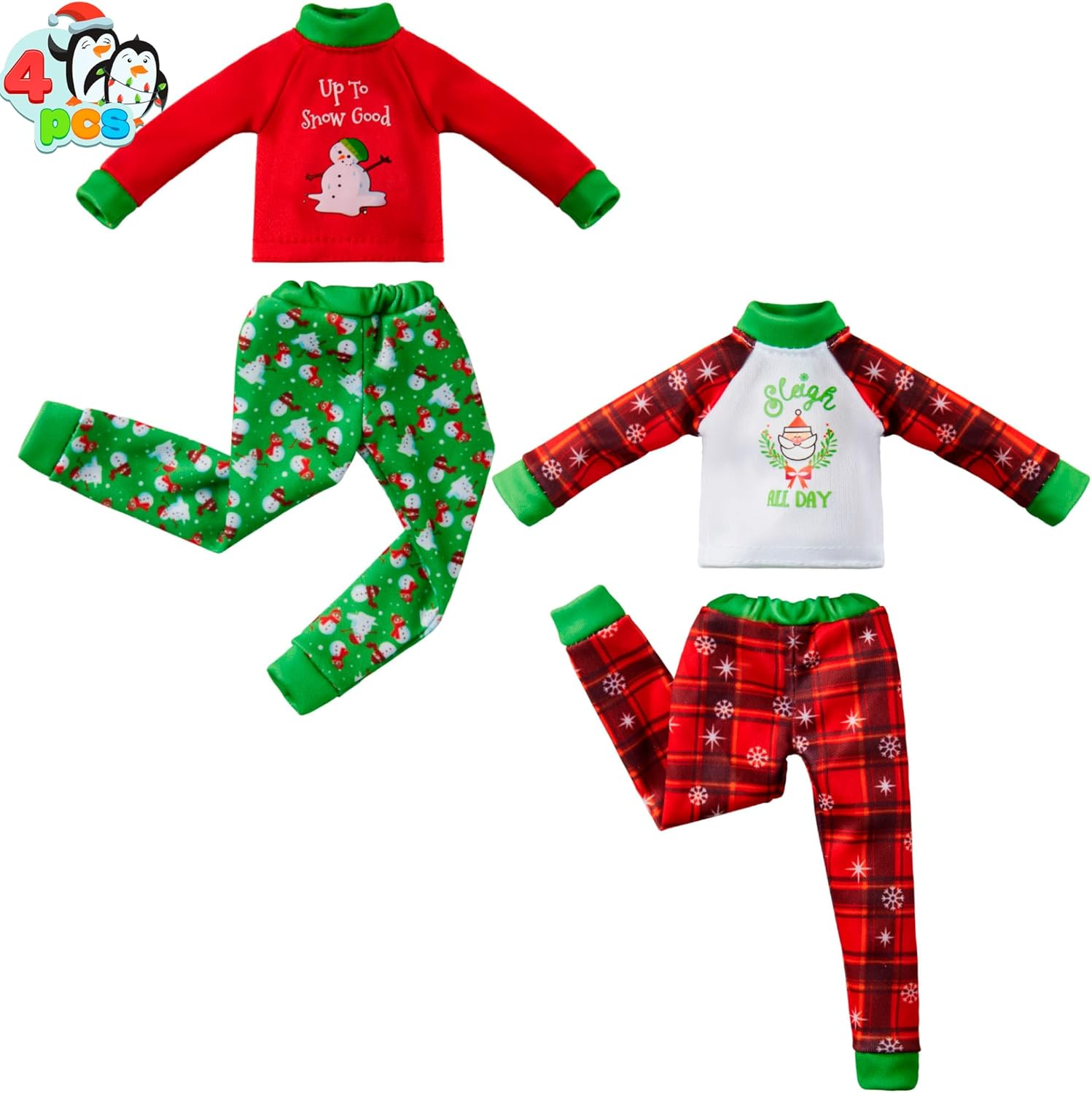 JOYIN 2 Packs Santa Couture Ugly Sweaters for Elf Doll, Santa and Snowman Classic Style Pajamas, Christmas Sweater for Elf Doll Green & Red