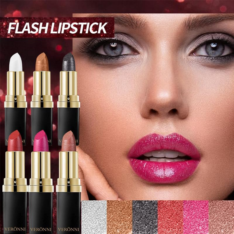 6Pcs Diamond Glitter Lipstick Set, Glitter Metallic Shimmer Lipstick 6 Colors, Non-Stick Sparkling Glitter Matte Lip Stick, Long-Lasting & Waterproof, Shiny Matte Lip Gloss for Women image number 4