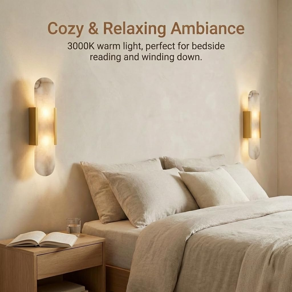 Natural Alabaster Wall Sconce Set of 2 &ndash; Modern Marble Wall Lamp for Bedroom, Bathroom Vanity, Living Room, Hallway & Staircase &ndash; Stone Alabaster Lamp Lighting Fixture(Gold,35Cm) image number 4