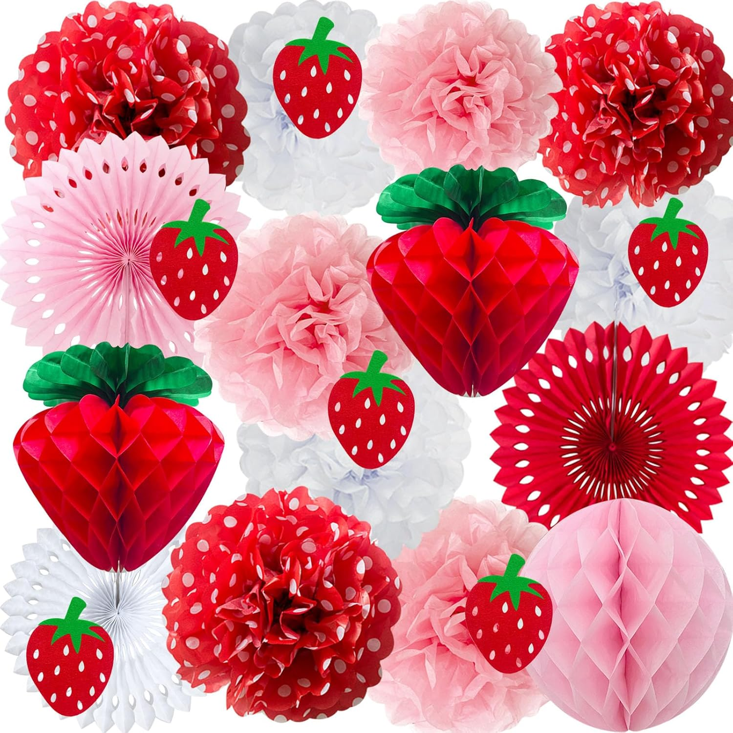ANSOMO Strawberry Party Decorations Red Pink White Tissue Pom Poms Fans Honeycom Balls Lanterns Garland Classroom Berry Sweet Fruits 1St One Birthday Bridal Baby Shower D&eacute;cor Supplies Girls image number 2