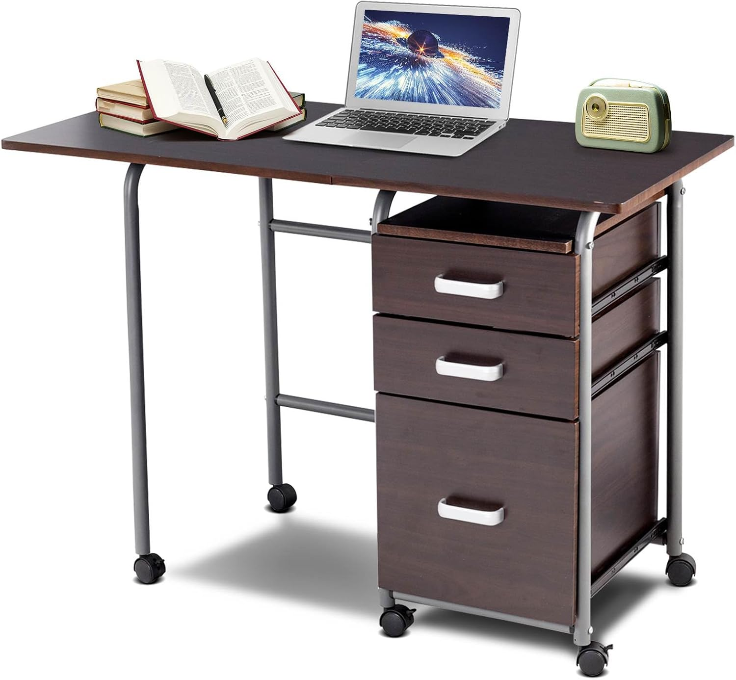 Giantex 2-In-1 Folding Computer Desk for Small Space, Rolling Home Office Desk with Drawers & Lockable Universal Wheels, Mobile Study Writing Desk for Living Room, Office, Bedroom & Study (White)