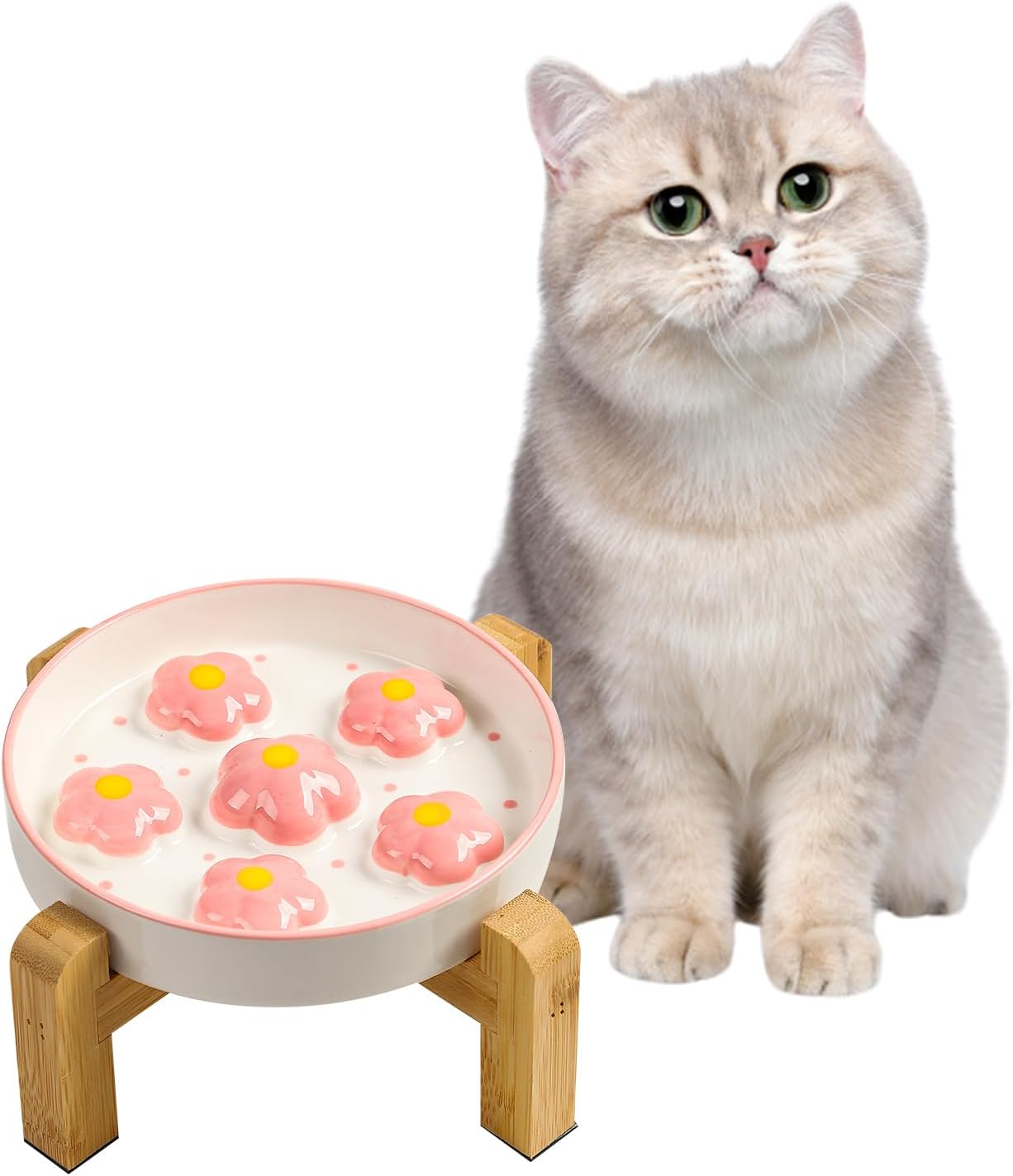 Elevated Slow Feeding Cat Bowl - Raised Anti-Slip Bamboo Stand - Colorful Maze Cat Dish - 6 OZ - Bright Orange Flower