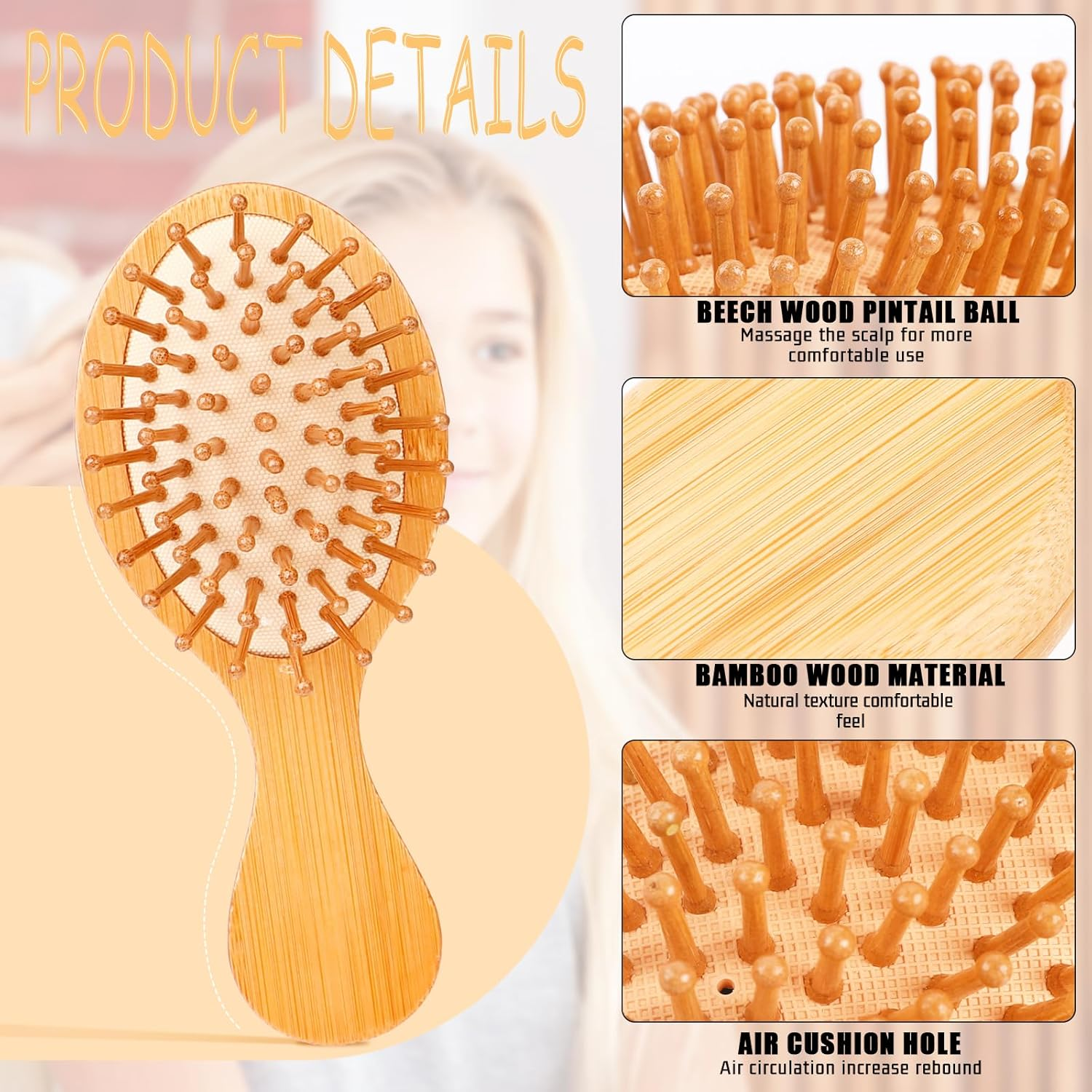 2 PCS Bamboo Hair Brush,Bamboo Brush Mini Hair Brush Anti-Static Travel Brushes for Hair Massage Scalp Detangling Brush Yellow Mini Hairbrush Natural Wooden Pocket Travel Small Hair Brush for All Hair image number 3