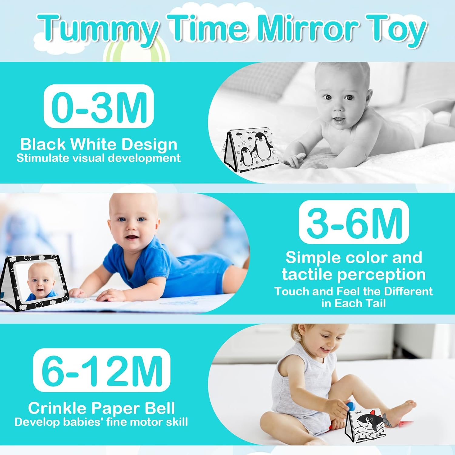 Tummy Time Mirror Toys for Babies, Foldable Baby Floor Mirror Cloth Books, Montessori Newborn Infant Toys - 8 Pages Cloth Books Early Learning Baby Mirror for 0-12 Months (B) - B image number 6