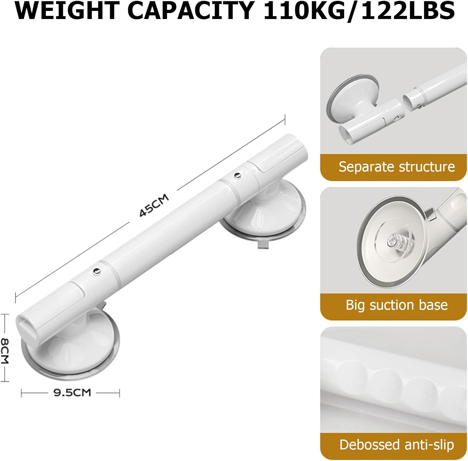 Suction Grab Rails for Shower，Grab Bars for Bathtubs，Suitable for the Elderly, Heavy Duty Safety Grip Handrail, No-Drill Installation Strong Suction, Suitable for Toilet, Shower, Bathtub （2 Pack） image number 1