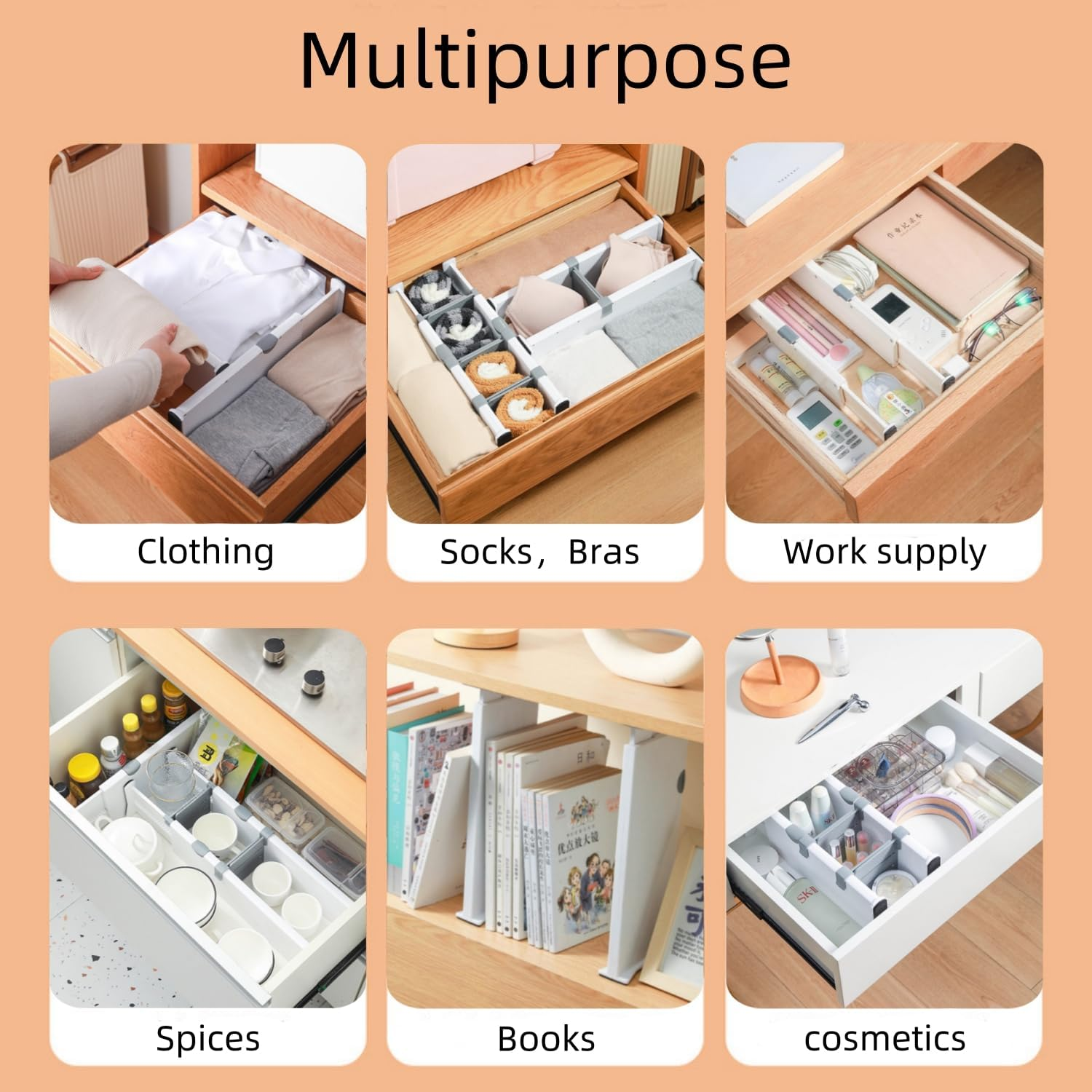 FORYUSE 4 Pack Drawer Dividers Expandable 27-44Cm with 6 Inserts Set Adjustable Separators Organiser for Closet Clothes Kitchen Utensils Office