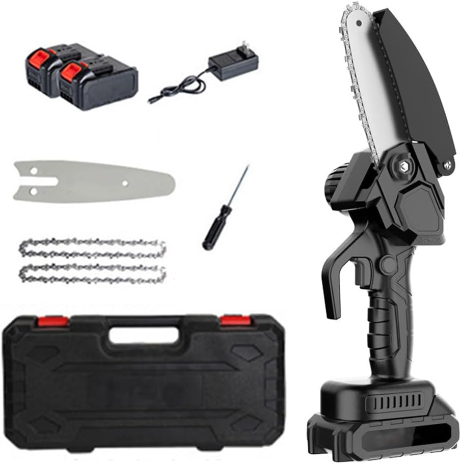 Mini Cordless Chainsaw, 4 Inch Rechargeable Electric Handheld Chainsaw with Toolbox Rechargeable Batteries, Chains and Security Lock for Tree Branches,Courtyard, Household and Garden, Black image number 6