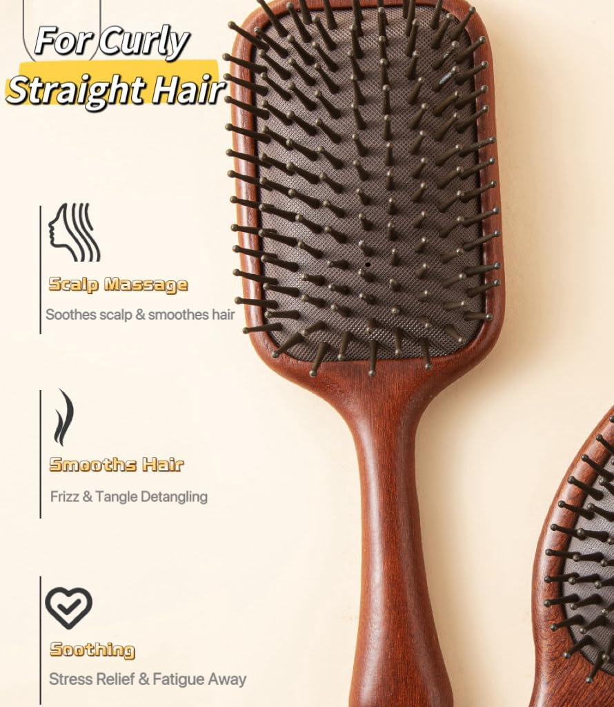 Paddle Hair Brush, Wooden Hair Brush, Hair Brush Set with Air Cushion, Spa Comb, Reduces Frizz, Massages Scalp, Comb for Women and Men, for Straight Curly Wavy Curly Wet and Dry Hair, Thick or Fine Hair (Elliptical) image number 4