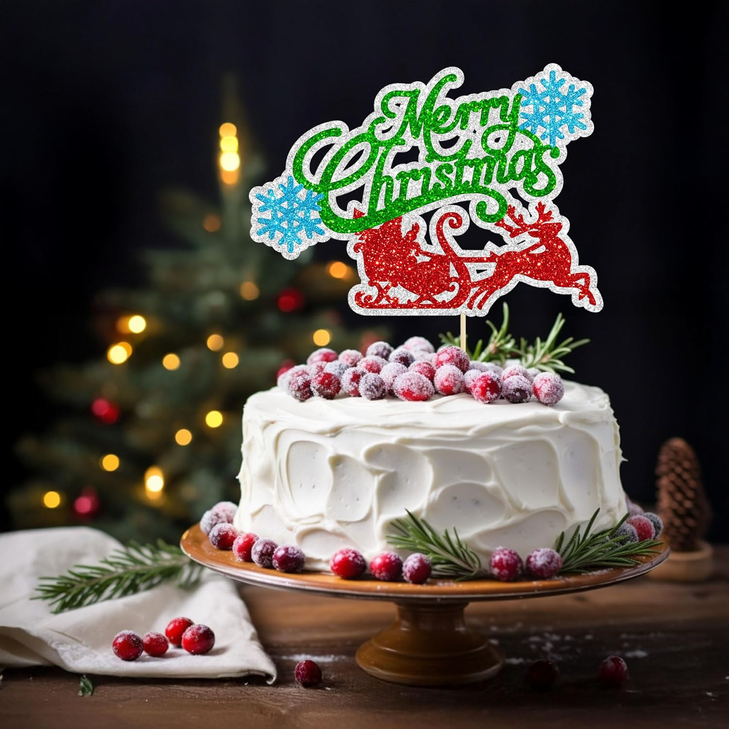 Gyufise 1 Pack Merry Christmas Cake Topper Glitter Snowflake Santa Claus Christmas July Birthday Cake Decorations for Merry Christmas Theme Happy New Year Party Supplies image number 4