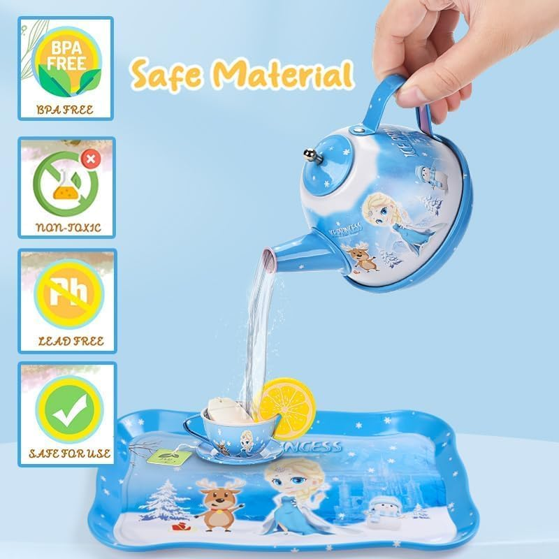 MINNOT Tea Party Set for Little Girls - Frozen Toys for Girls - Elsa Princess 46 Pack Kids Kitchen Pretend Toy with Tin Tea Set, Desserts & Carrying Case - Birthday Gift for Age 3 4 5 6 Year Olds image number 5