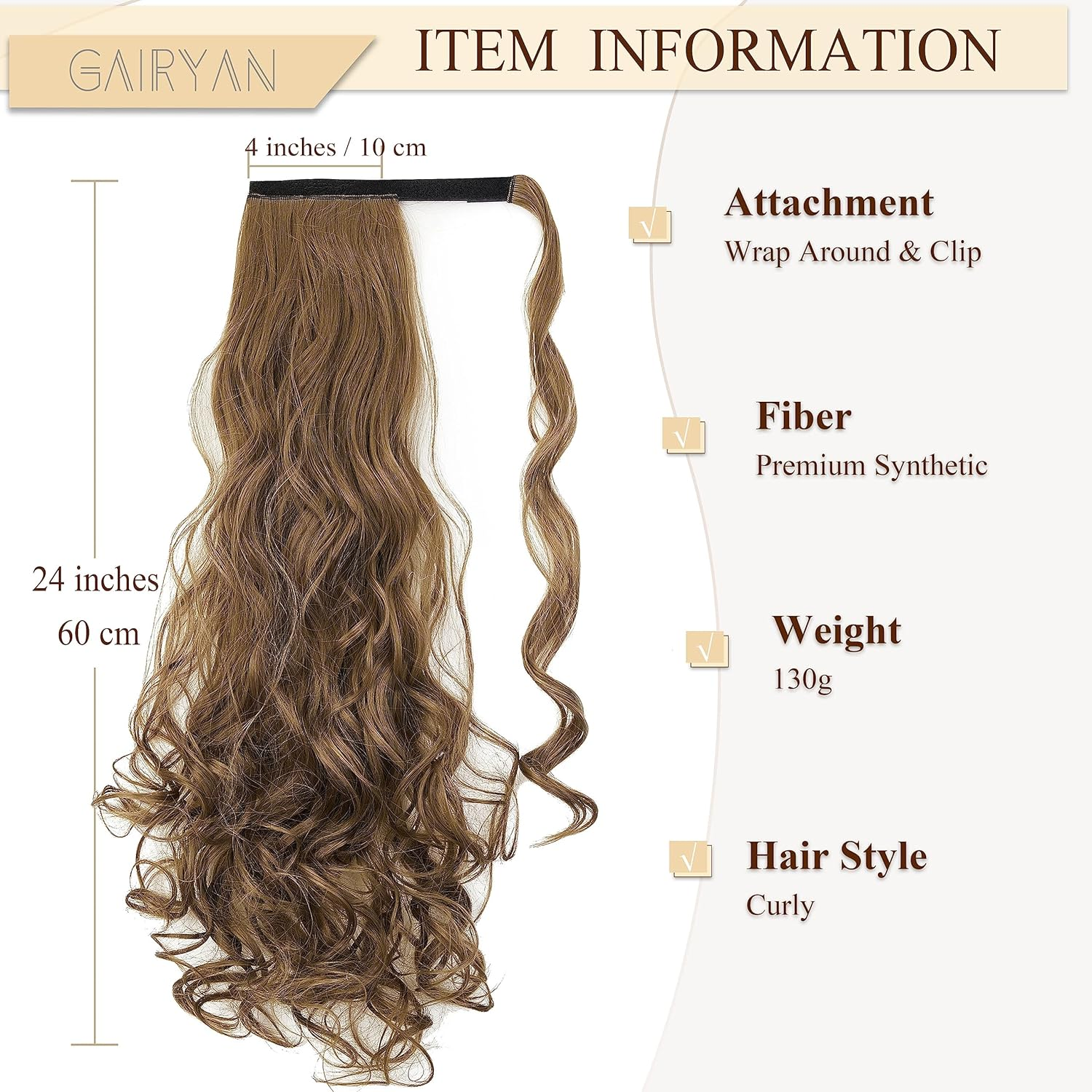 Gairyan Clip in Ponytail Extensions 24 Inch Golden Brown Hair Extension Long Curly Wave Ponytail Wrap around Pony Tails Synthetic Hairpiece for Women Natural Looking image number 6