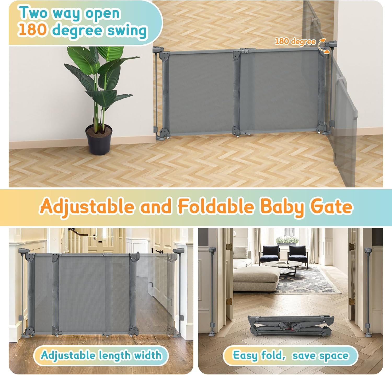 Foldable Baby Gate, Adjustable Baby Gates for Doorways, Dog Gate Adjustable Width 80 to 140Cm, 75Cm Tall Pet Gate One Handed Operation, Mesh Safety Gate for Stairs/Hallways/Outdoor/Indoor image number 5