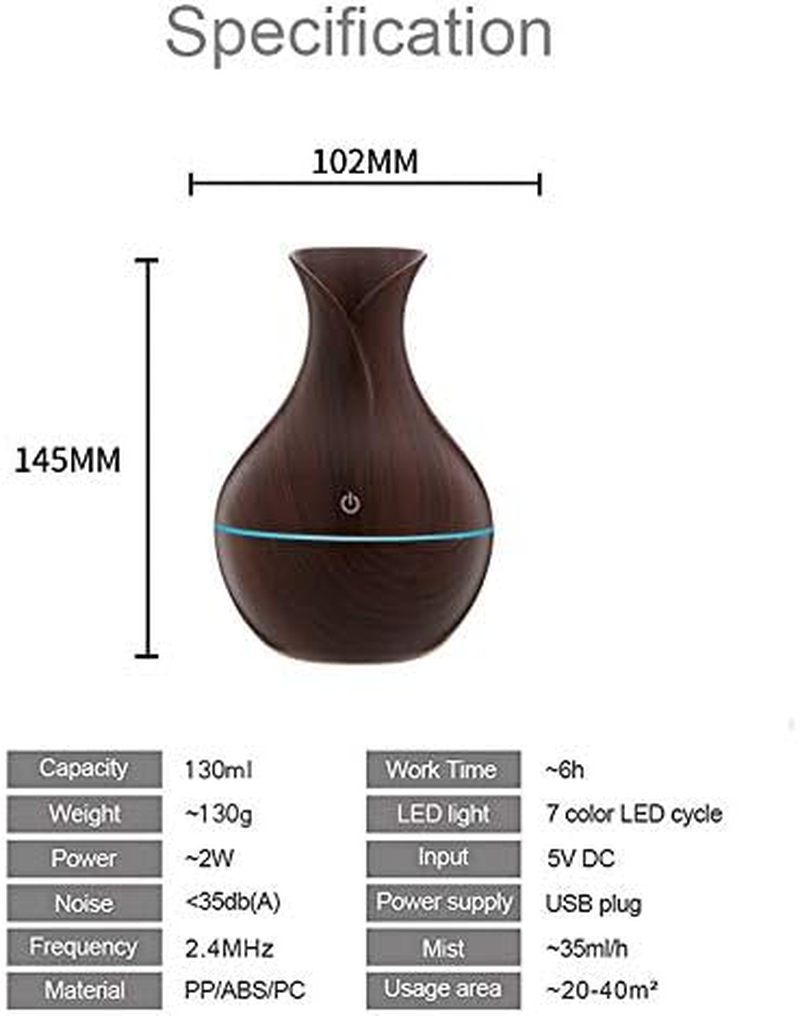 Aroma Air Diffuser Humidifier , Wood Grain Ultrasonic Home Air Diffuser 130Ml Humidifier for Home, Office Yoga,7 Colors LED Mood Light (Brown) - Wood Grain Color image number 4