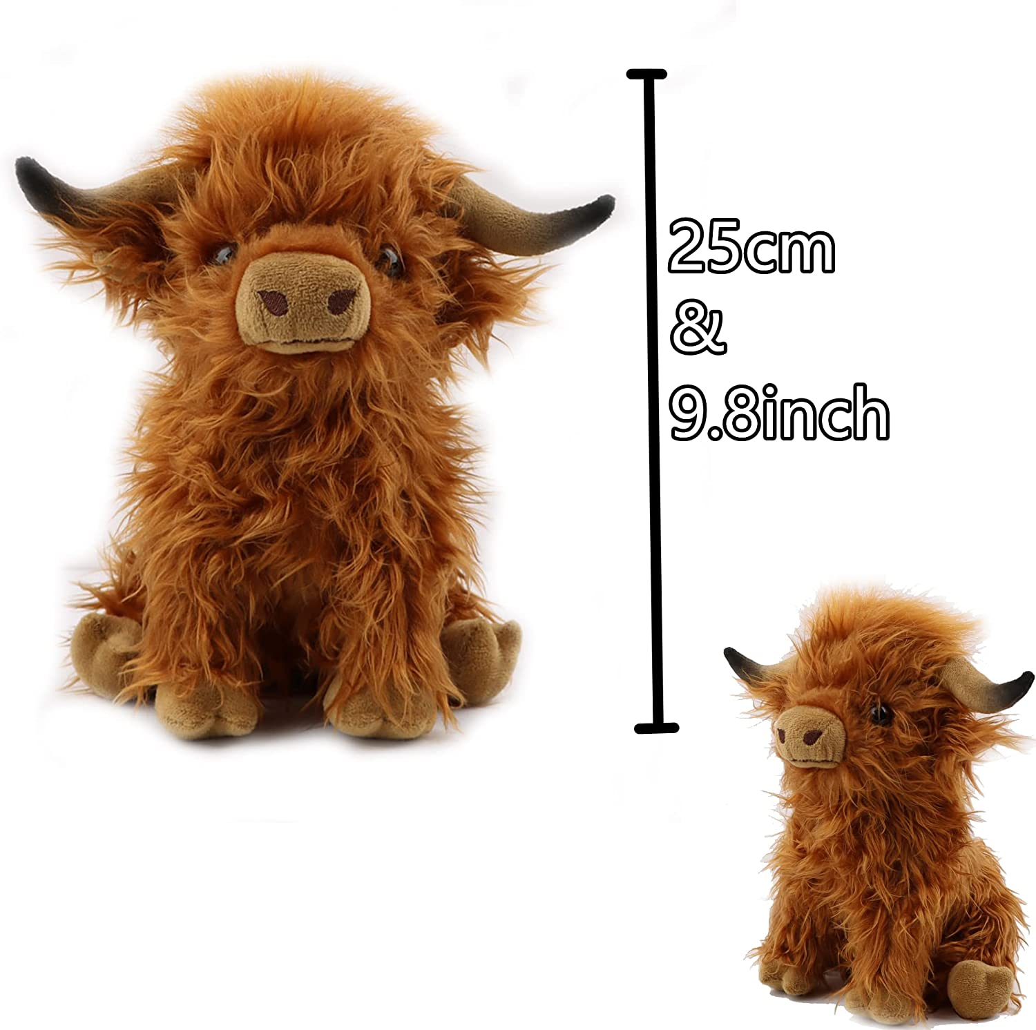 9.8Inch Highland Cow Stuffed Animal Realistic Cow Plush Toy Cuddly Simulation Highland Cattle Plushie Doll Farm Home Decor for Adults Kids(Brown) image number 3