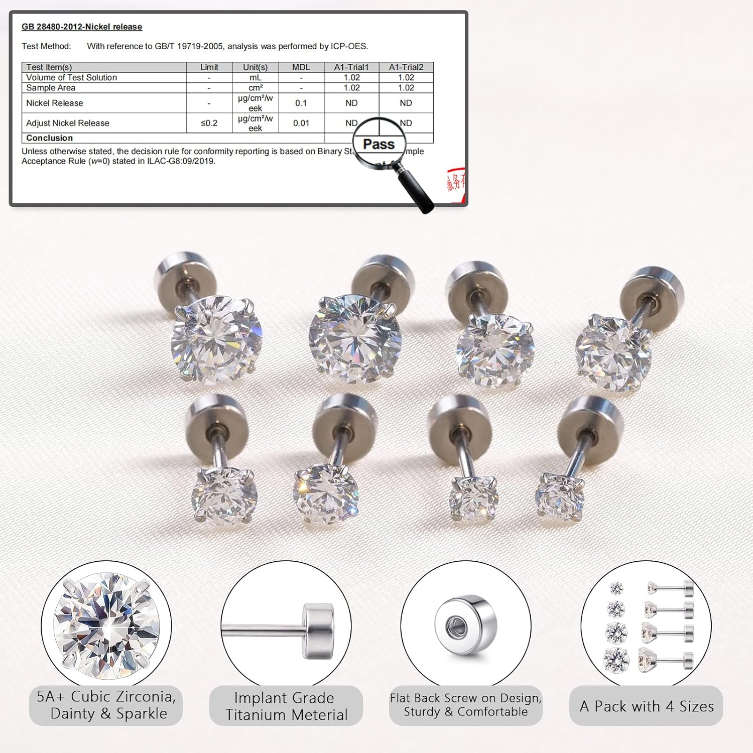 Limerencia F136 Hypoallergenic Titanium Earrings 20G CZ Studs Set, Flat Back Earrings Cartilage Helix G23 Piercing Post of 4 Pairs 3-6Mm Screw Back Earrings for Women Girls - Rainbow Quartz Cz image number 5