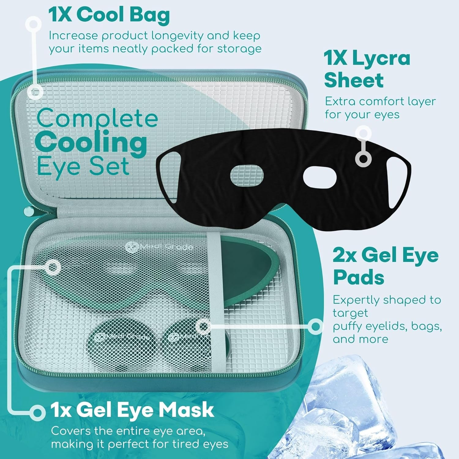 Medi Grade Cooling Eye Mask for Puffy Eyes with Cooling Eye Pads and Insulated Thermo-Bag - Ice Cold Gel Eye Mask for Morning/Night Skincare Routine and Reducing Dark Circles - Soft Eye Cooling Mask image number 4
