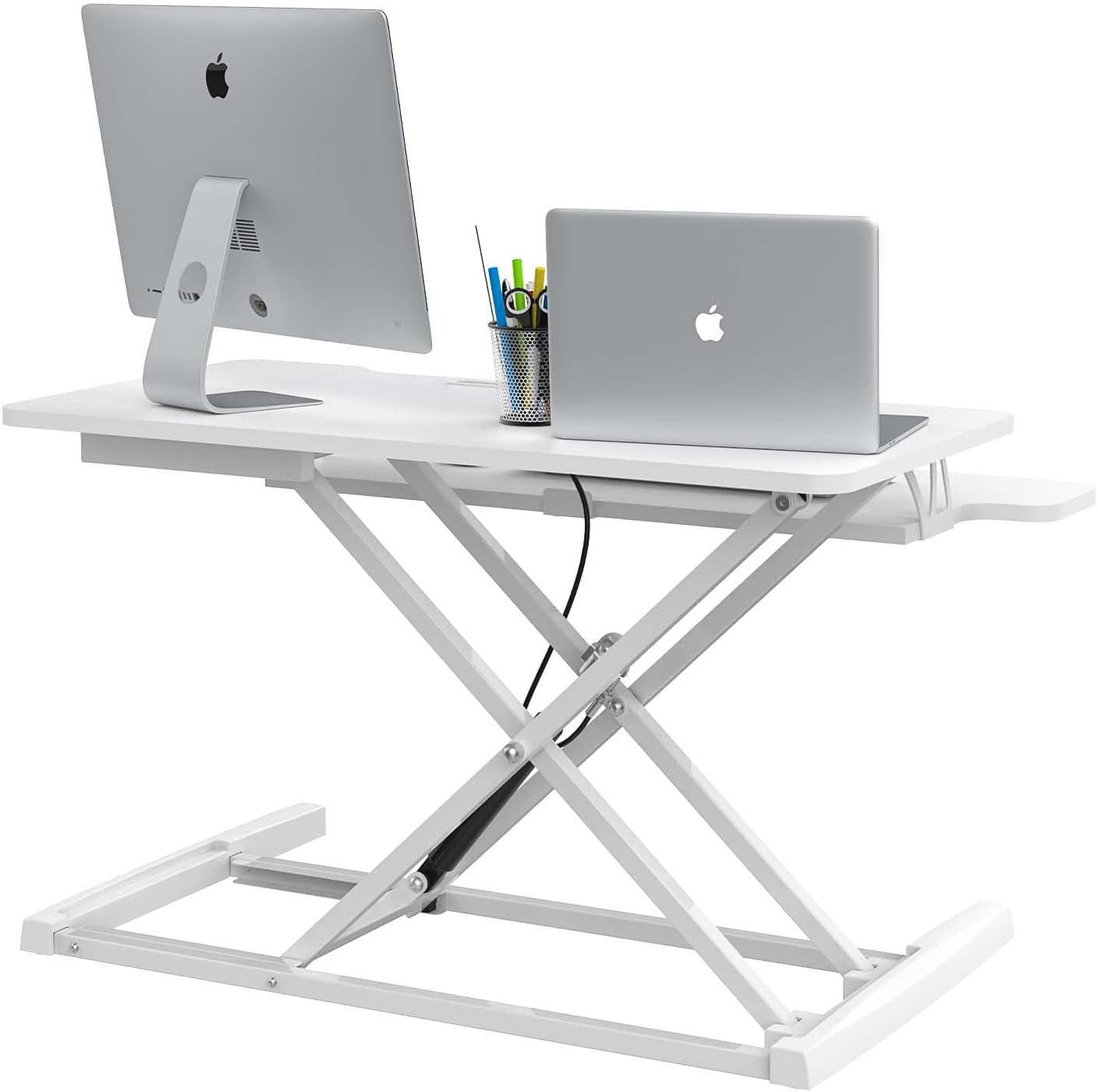 ADVWIN Height Adjustable Standing Desk Converter, Ergonomic Sit Stand Desk Riser with Keyboard Tray, Compact Elevating Stand up Desk Workstation, White 80Cm image number 3