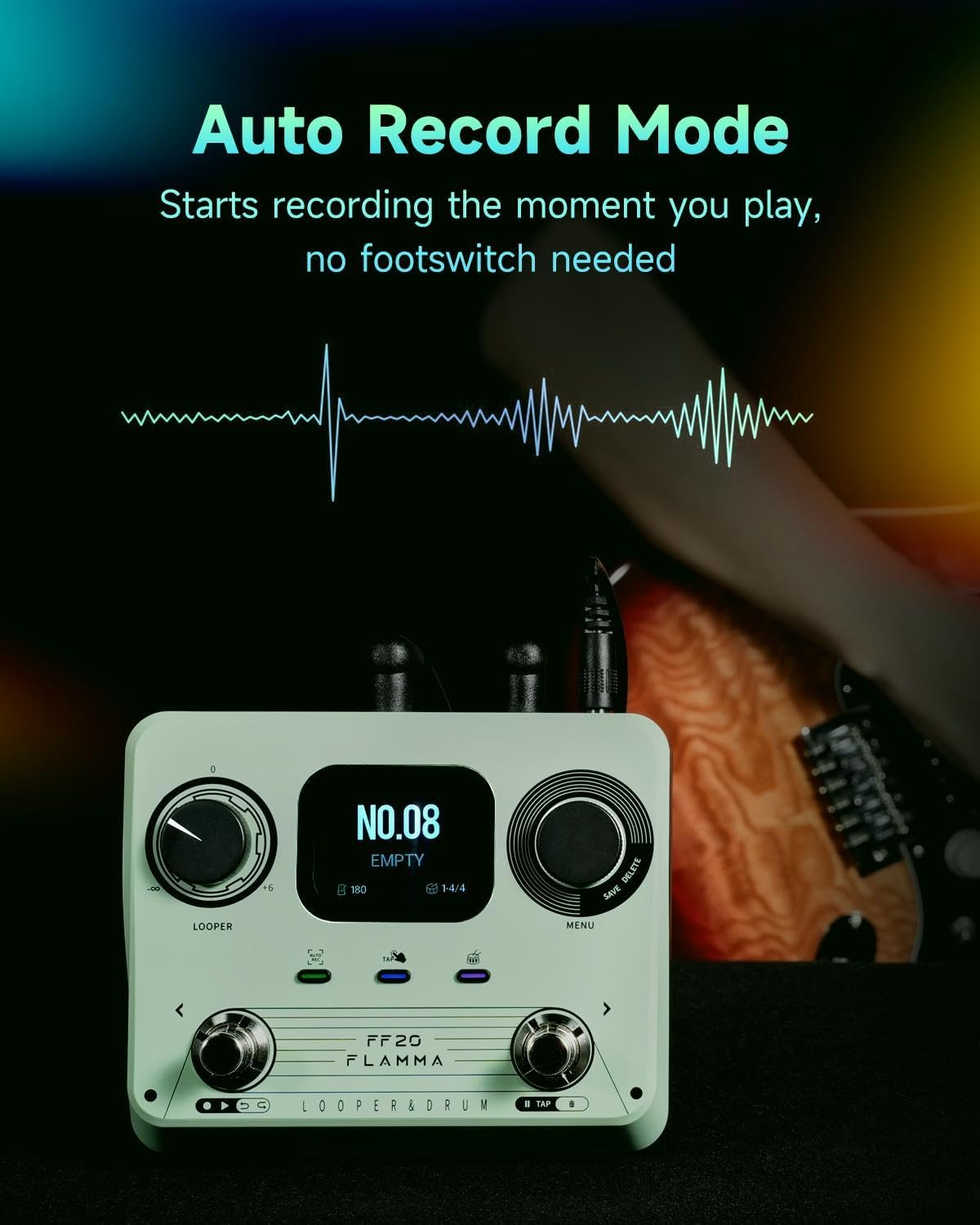 FLAMMA FF20 Looper Pedal Drum Machine, Drum Looper Guitar Pedal with Screen, 300 Min Recording, 220 Drum Grooves, 100 Loop Slots, Time Stretch, Auto Record, USB & Headphone Out, for Guitar and Bass