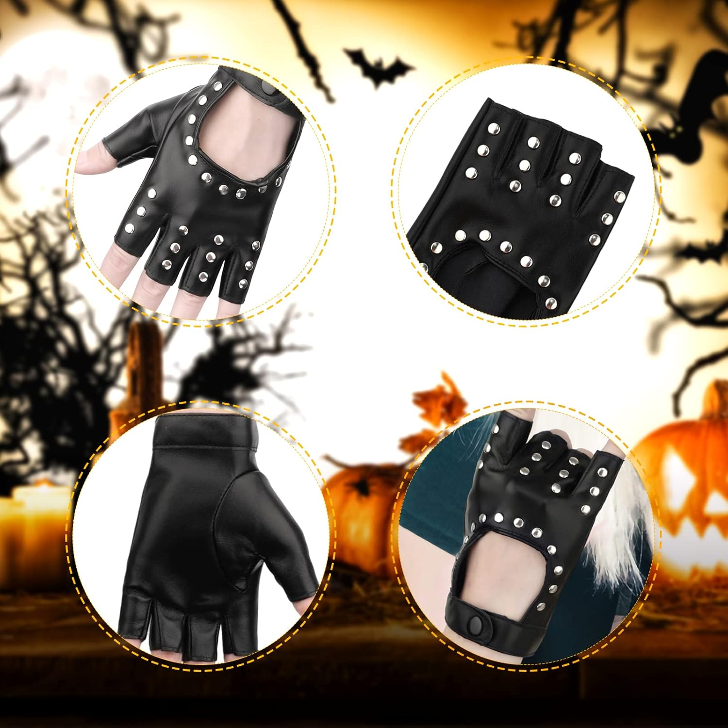 1 Pair Half Finger Leather Gloves, Stylish Fingerless Leather Gloves with Rivets Biker Punk Gloves for Halloween Women Girls Cosplay Performance (Black), Black, Medium image number 4