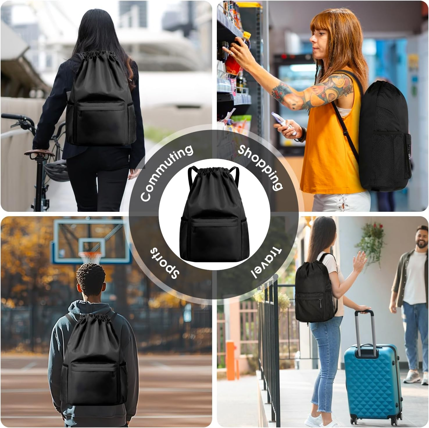 Sonicefit Waterproof Drawstring Gym Backpack, Durable Sports Sackpack with Water Bottle Holder & Side Pockets, Large Capacity Cinch Bag for Basketball Soccer Yoga Swimming Travel - Grey image number 3