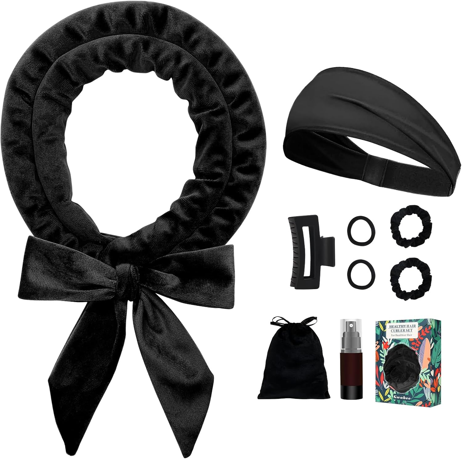 Gwabee No Heat Overnight Curl Headband, 70" Soft Ribbon Curl Wrap for Long Hair - 9 PCS Rods Set with Bonnet, Pink