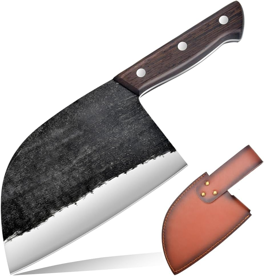 Serbian Chefs Knife 6.7 Inch Full Tang,Forging Kitchen Knives,Wood Handle Set with Leather Sheath Chef Butcher Knife Outdoor Meat Vegetable Cleaver for Family, BBQ or Camping image number 3