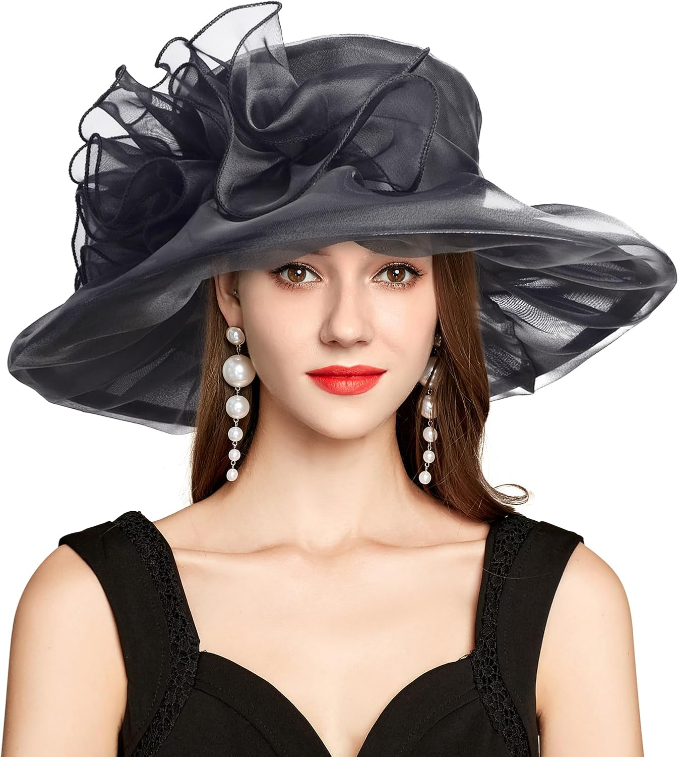 2025 Wide Brim Floral Sun Hat Church Hats for Women Ladies, Organza Feather Racecourse Horse Race Day Fascinator Hats for Tea Party Wedding UV Protection image number 3