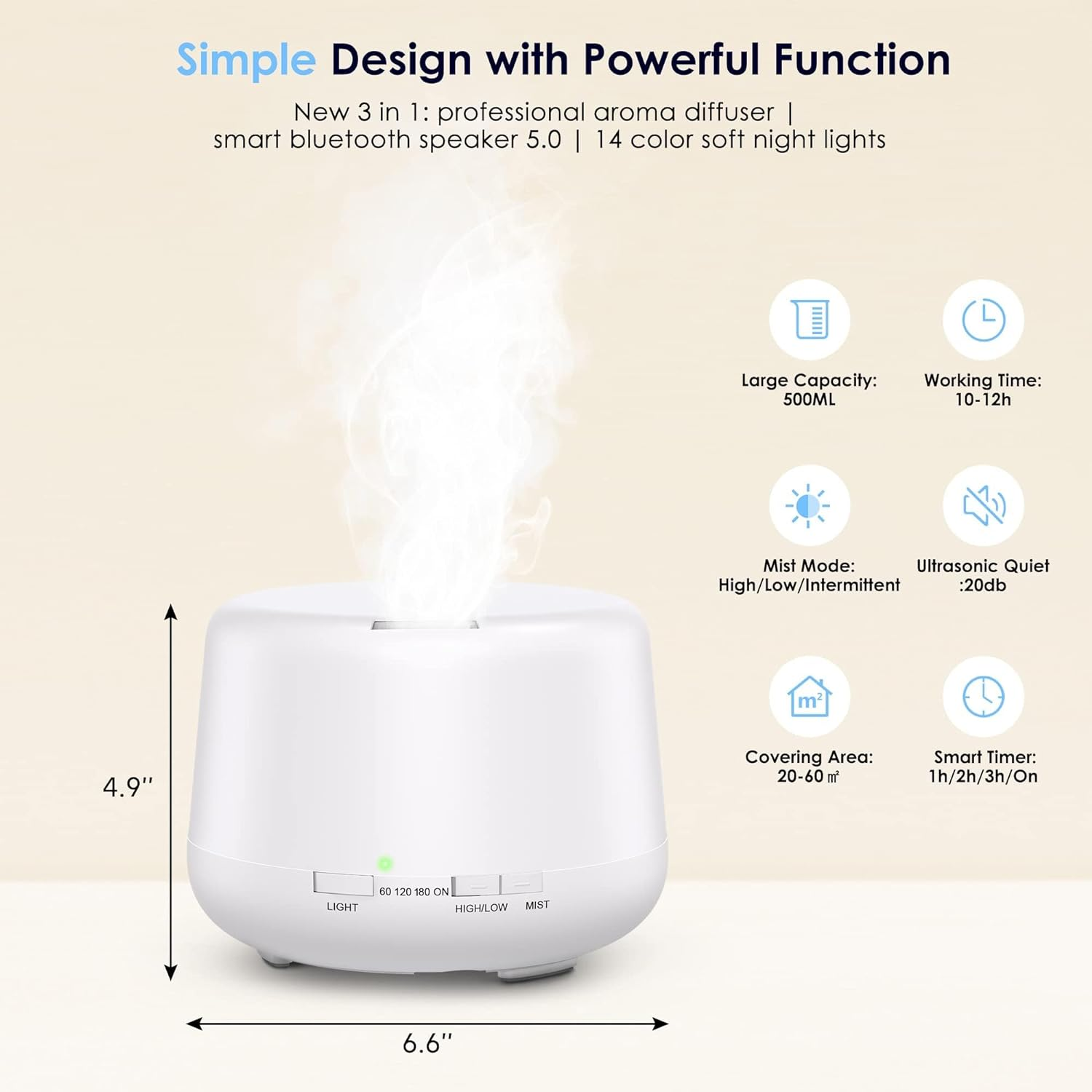 Humidifier Oil Fragrance Diffuser Bluetooth Speaker 5.0, 500ML Aromatherapy Diffusers for Aroma Essential Oils Large Room Bedroom Office Home 14 Colors Night Light with Remote, 4 Timers image number 2