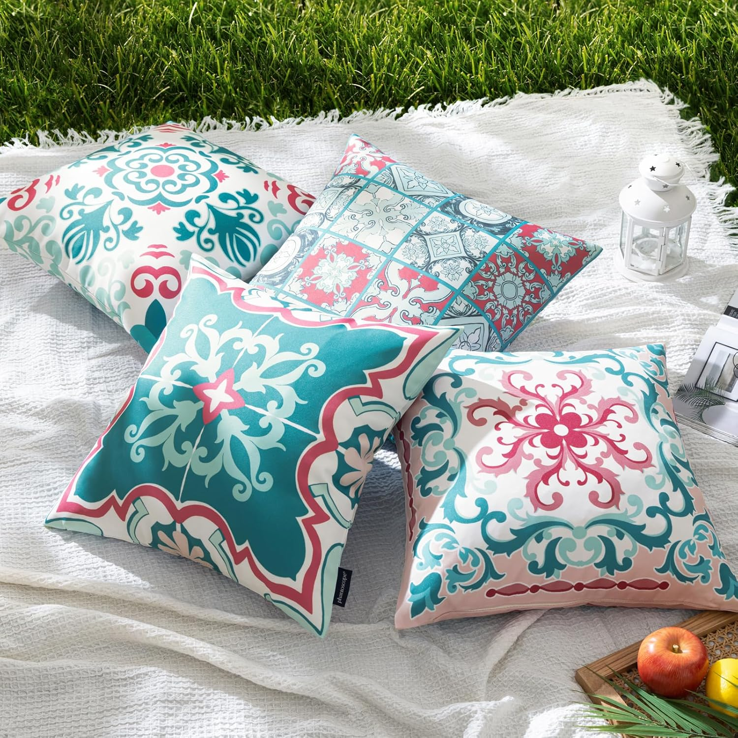 Phantoscope Set of 4 Outdoor Waterproof Throw Pillow Covers, Geometric, Decorative Boho Farmhouse Outdoor Pillows Cushion Case for Home Patio Furniture Tent Sunbrella, Teal/Pink 18X18 Inches image number 2