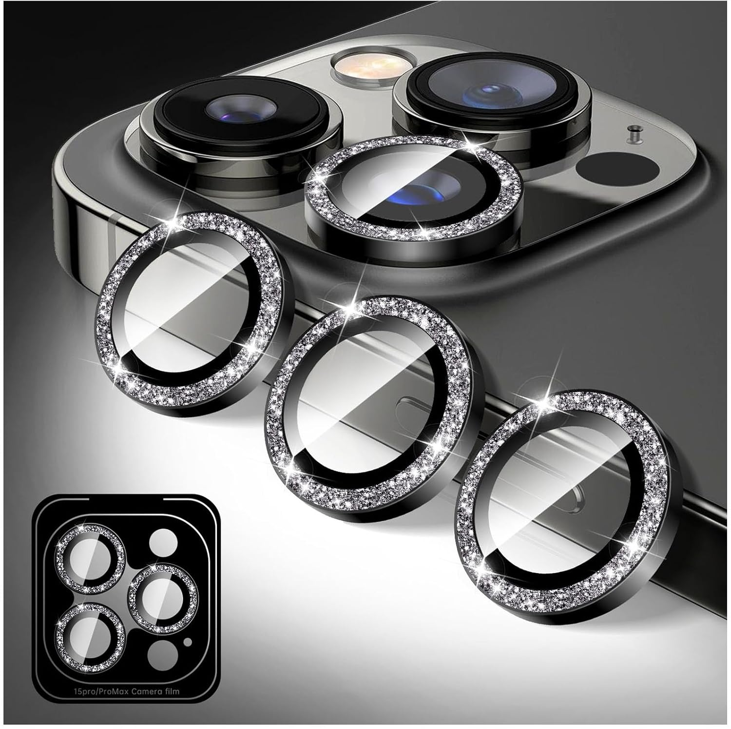Kucheed Bling Camera Lens Protector for Iphone 14 Pro/Iphone 14 Pro Max, Glitter 9H Tempered Glass Camera Cover Film Stickers, Automatic Alignment Individual Metal Rings Phone Accessories