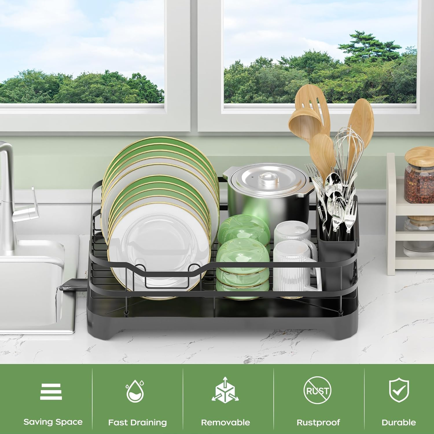 Dish Drying Rack, Stainless Steel Rustproof Dish Rack for Kitchen Counter, Sturdy Dish Drainer with Drainboard, Drainage, Utensil Holder for Various Kitchenware, 16.9"(L) X 12.2"(W), Black image number 6