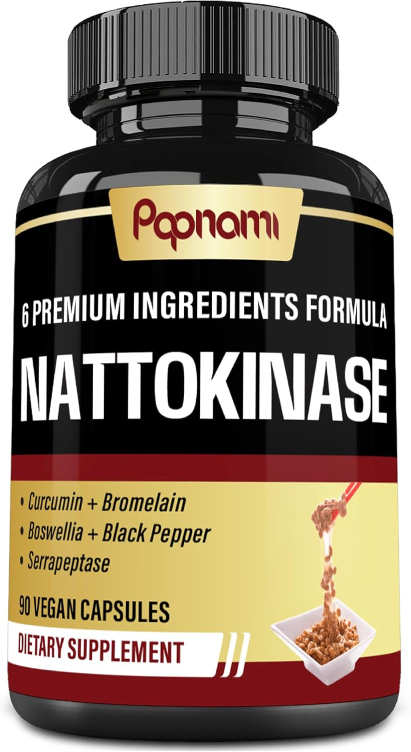 6-In-1 Nattokinase Supplements - Blended with Serrapeptase, Curcumin Extract, Bromelain, Boswellia & Black Pepper - Support Natural Antioxidant - 90 Count