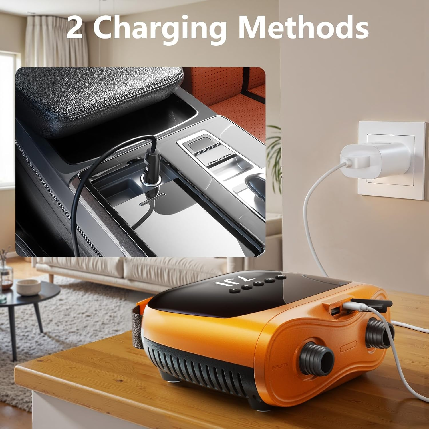 7JI Rechargeable Electric Sup Pump, 20 PSI with Battery Portable Paddle Board Pump Intelligent Dual Stage Inflation & Deflation, Auto-Off, Inflatable Air Pump DC 12V Car Connector image number 3