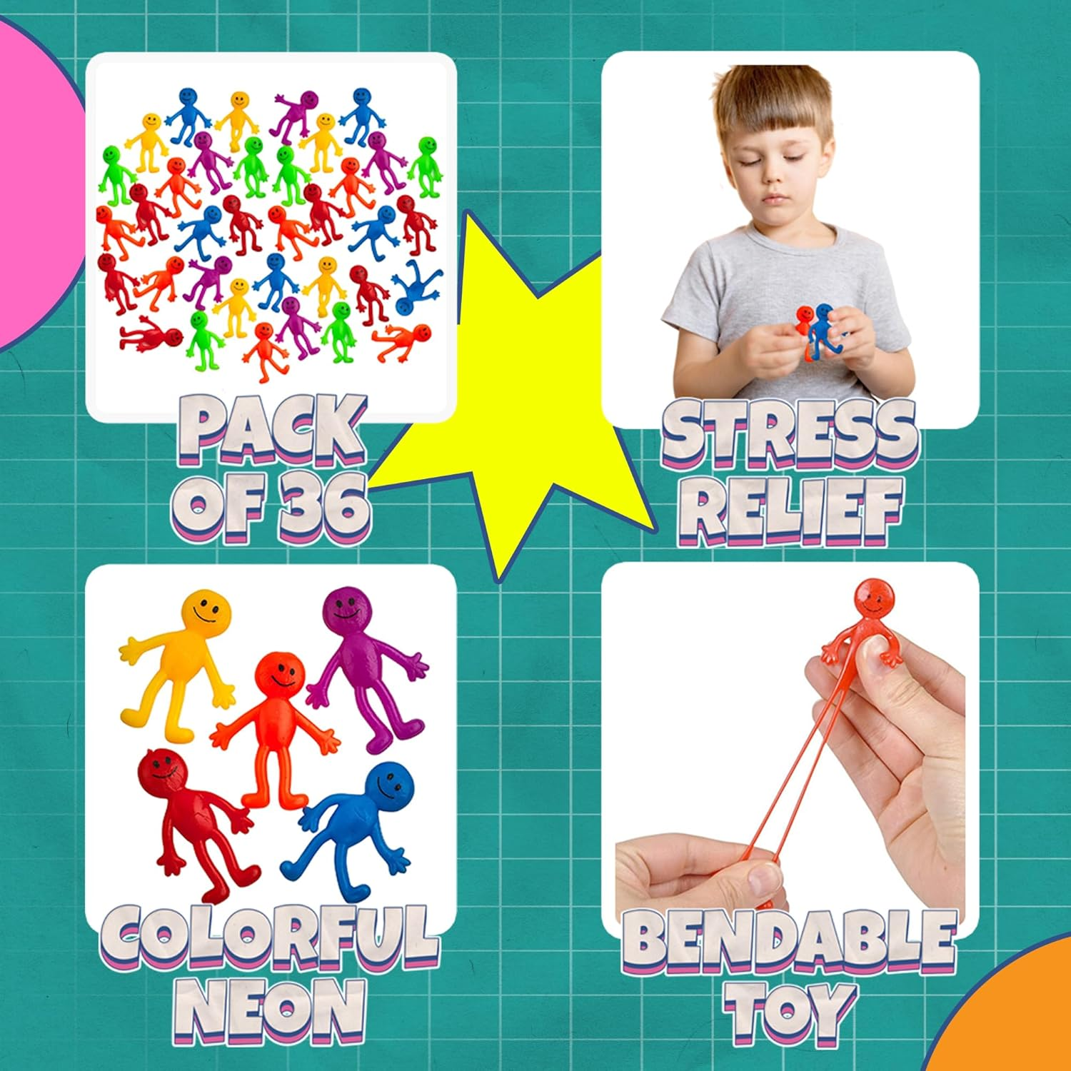 Stretchy Smiley Man (36 Pack) Assorted Fun Colors, a Sticky, Bendable, Stretchable, Slimy, Gooey Texture, Fidget Toy for Stress and Anxiety Relief, Great Party Favor image number 6