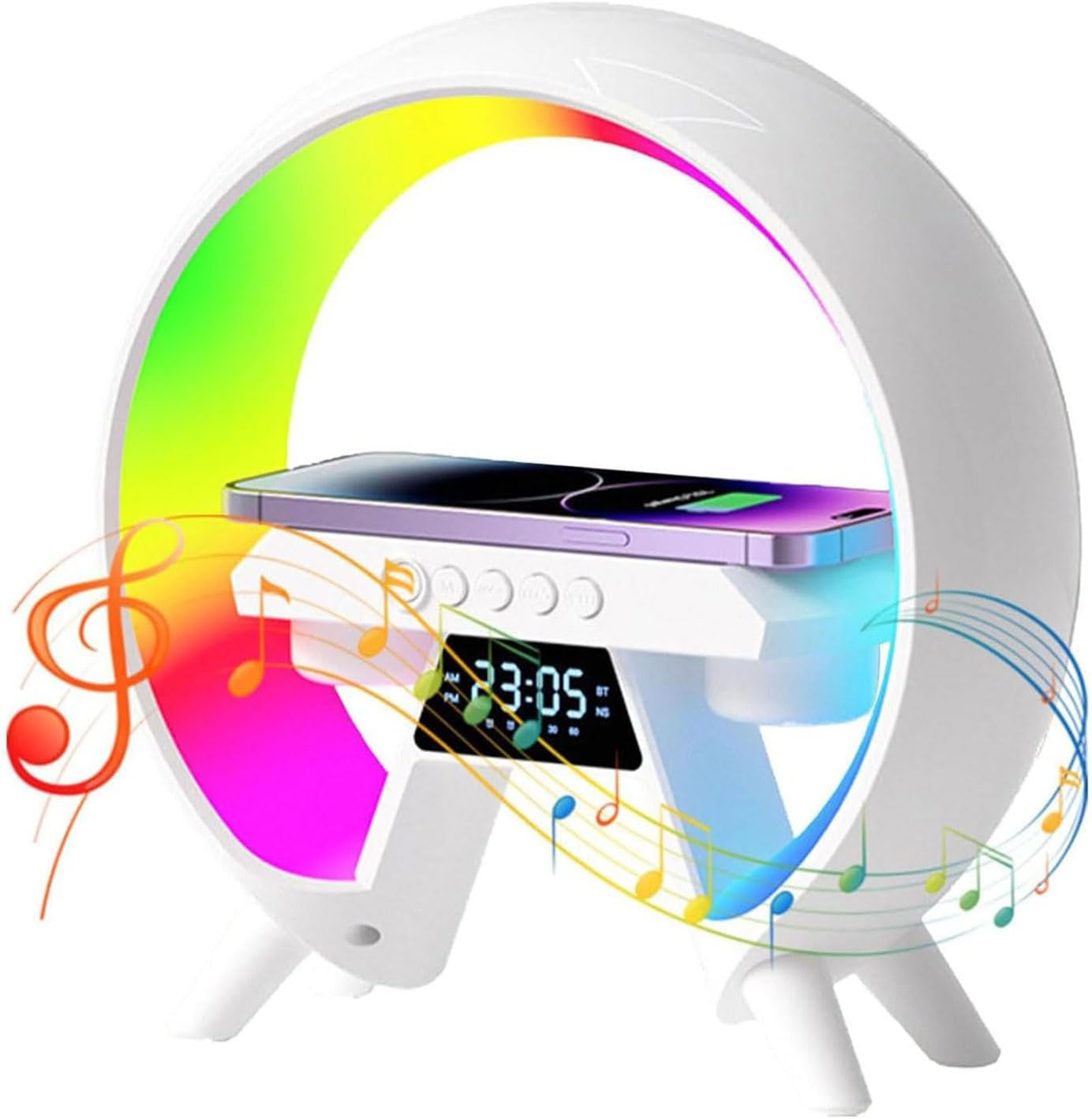 Intelligent LED Table Lamp with Charging Function, Atmosphere Light, Touch Dimmable, Wireless Charger, Bluetooth Speaker, Clock, Radio