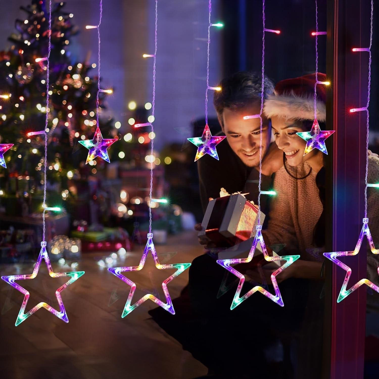 Curtain Fairy Lights 3.5M/11.5FT 138 Leds 12 Stars Battery Operated Christmas Lights 8 Mode Outdoor Indoor Waterfall Backdrop for Bedroom Wedding Party Wall Decor image number 5