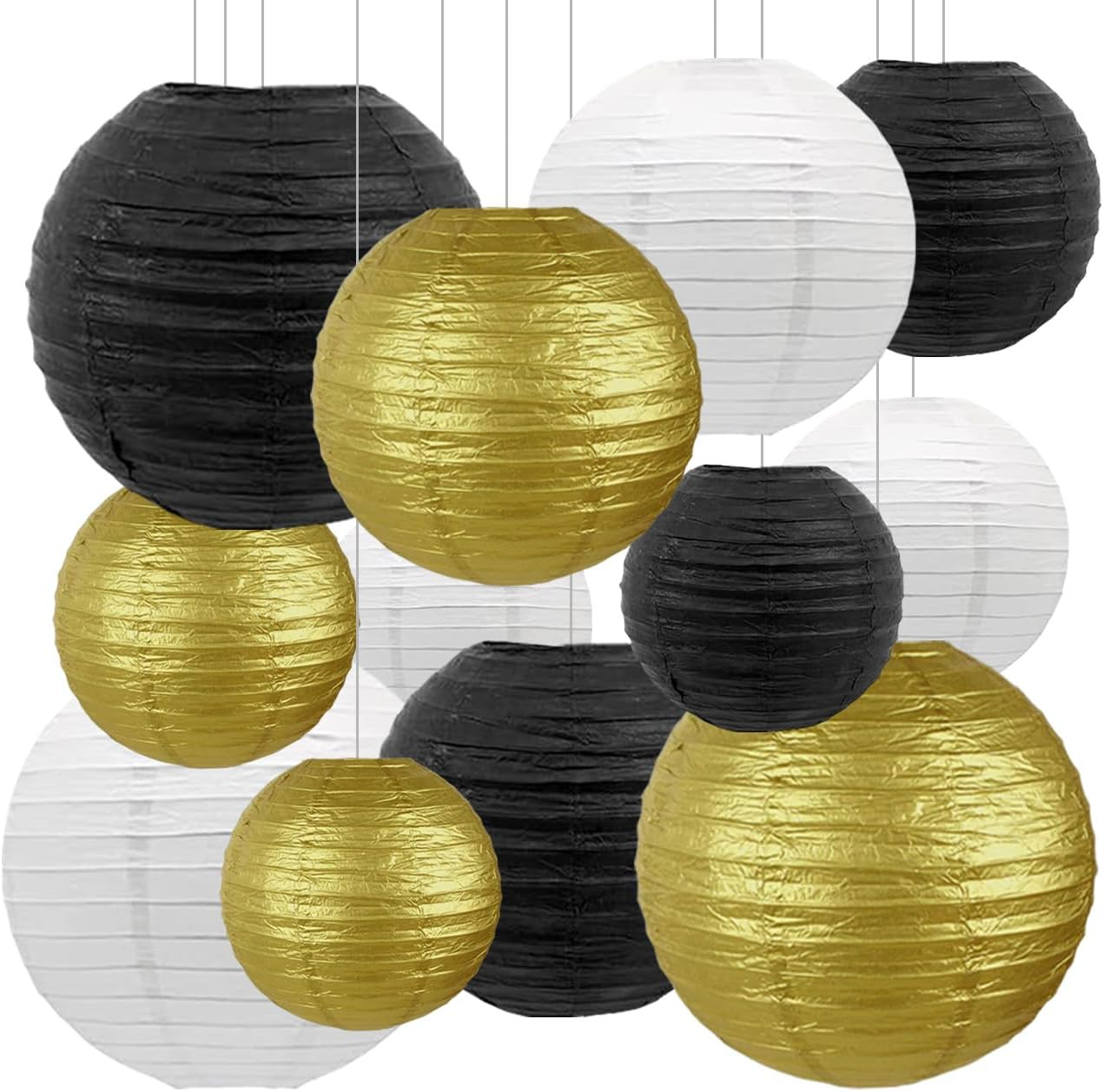 SIPRKAICT Paper Lanterns Party Decorations,12Pcs Gold Black White Hanging Paper Lantern for for Wedding Graduation Anniversary Birthday Party Decorations