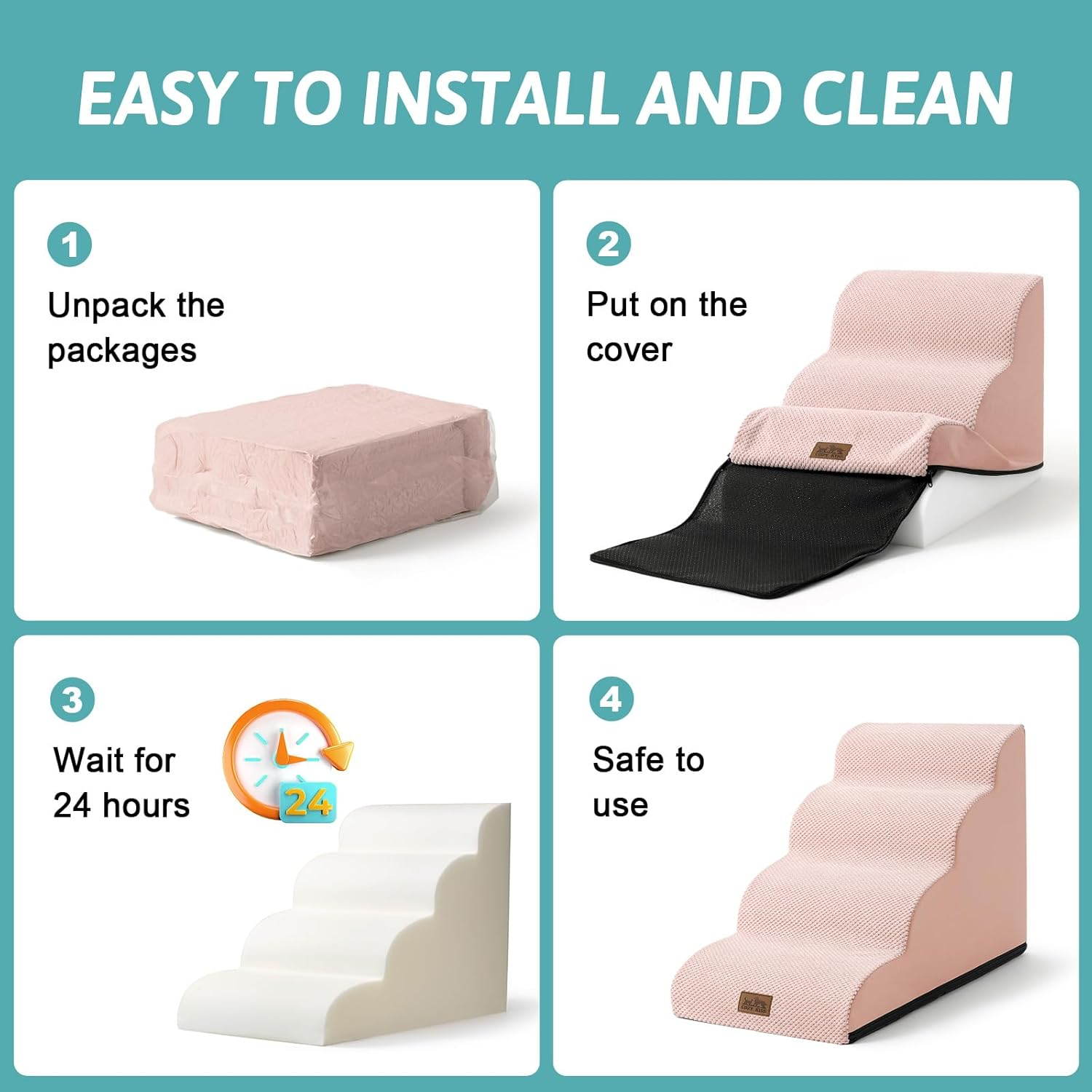 COZY KISS Dog Stairs for Small Dogs 15.7" H, Curved Dog Step for Puppy, Older Cat, Medium Pet Ramp for Sofa, Couch or Bed, Ladder with High Density Foam, 15.7X22.4X15.7 Inch, 3 Step, Pink image number 3
