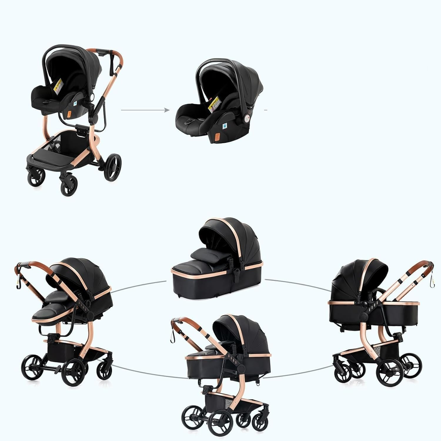 Infant Newborn Baby Pram &ndash; 9 in 1 Convertible Stroller with Cradle I Baby Bassinet I Foldable Aluminum Alloy Anti-Shock Toddler Pushchair I Lightweight, Adjustable & Reclining Stroller Modes - Black