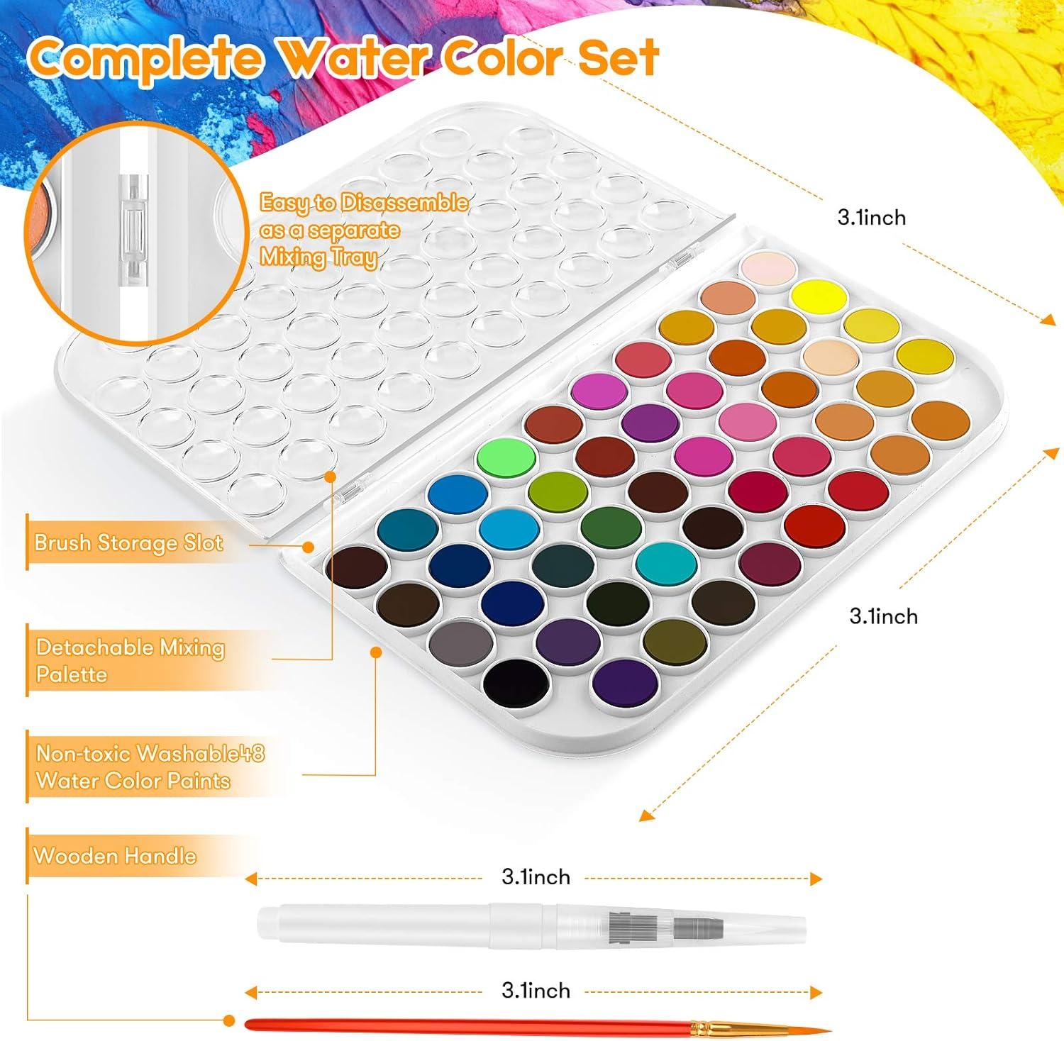 Watercolor Paint Set, Taotree 48-Color Watercolors Cake & a Brush a Refillable Water Brush Pen, Portable Water Colors Paints Set for Kids Children Students Adults Beginner Artists Painting Supplies image number 3