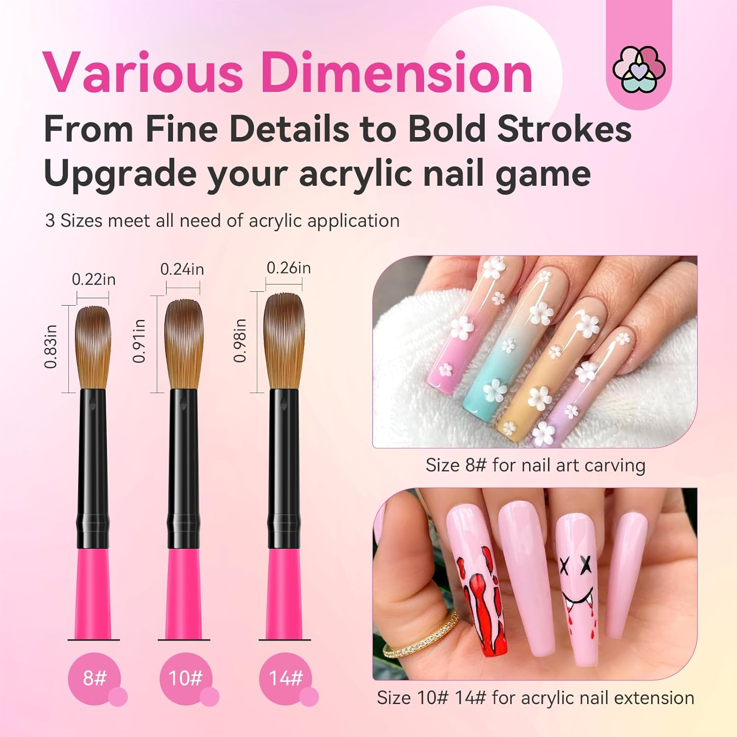 SAVILAND Acrylic Nail Brushes Set: Sizes 8, 10, 14 Nail Brushes for Professional Acrylic Powder Applications, Nails Extension, 3D Carving for Home Salon DIY Nail Art Brush Manicure Acrylic Tools Pink