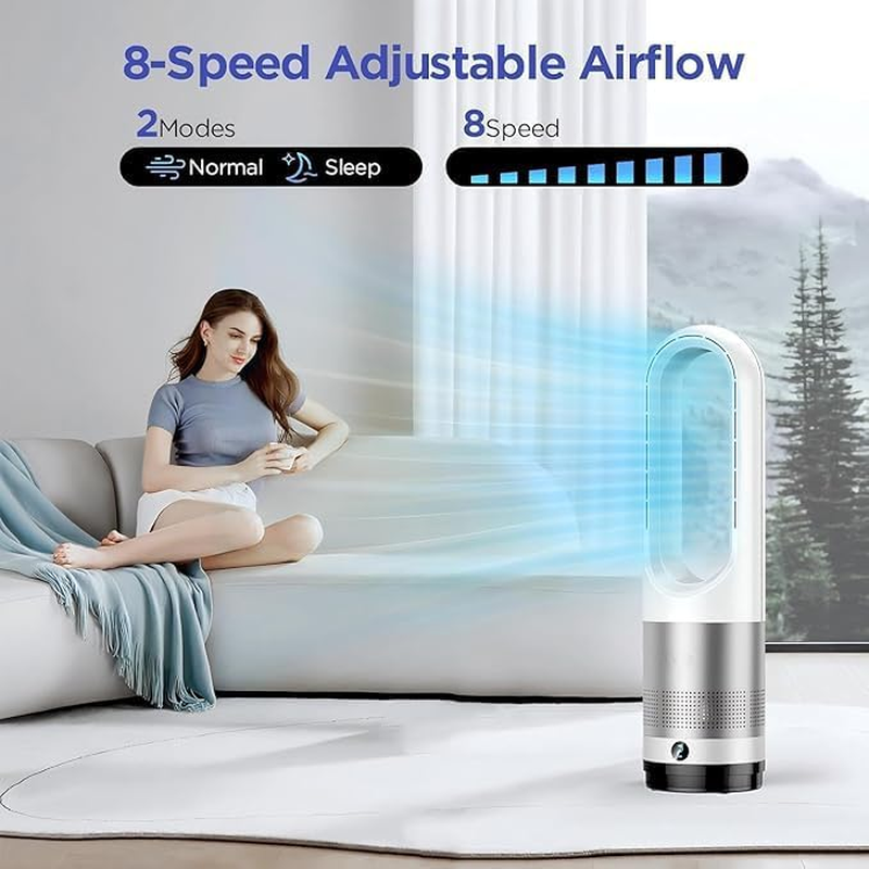 MINYII Bladeless Tower Fan, 22" Quiet Cooling Tower Fan, Touch, 8 Speeds, 9H Timer, LED Display with Auto Off, Oscillating Pedestal Fan with Remote for Indoor, Bedroom, Home & Office