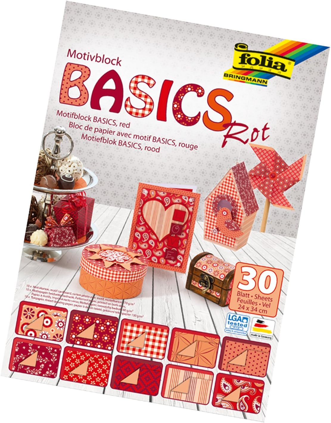 Folia Basics 46149 Motif Pad 24 X 34 Cm, 30 Sheets, 10 X Motif Cardboard, 10 X Motif Paper, 10 X Coloured Paper, for Various Crafts