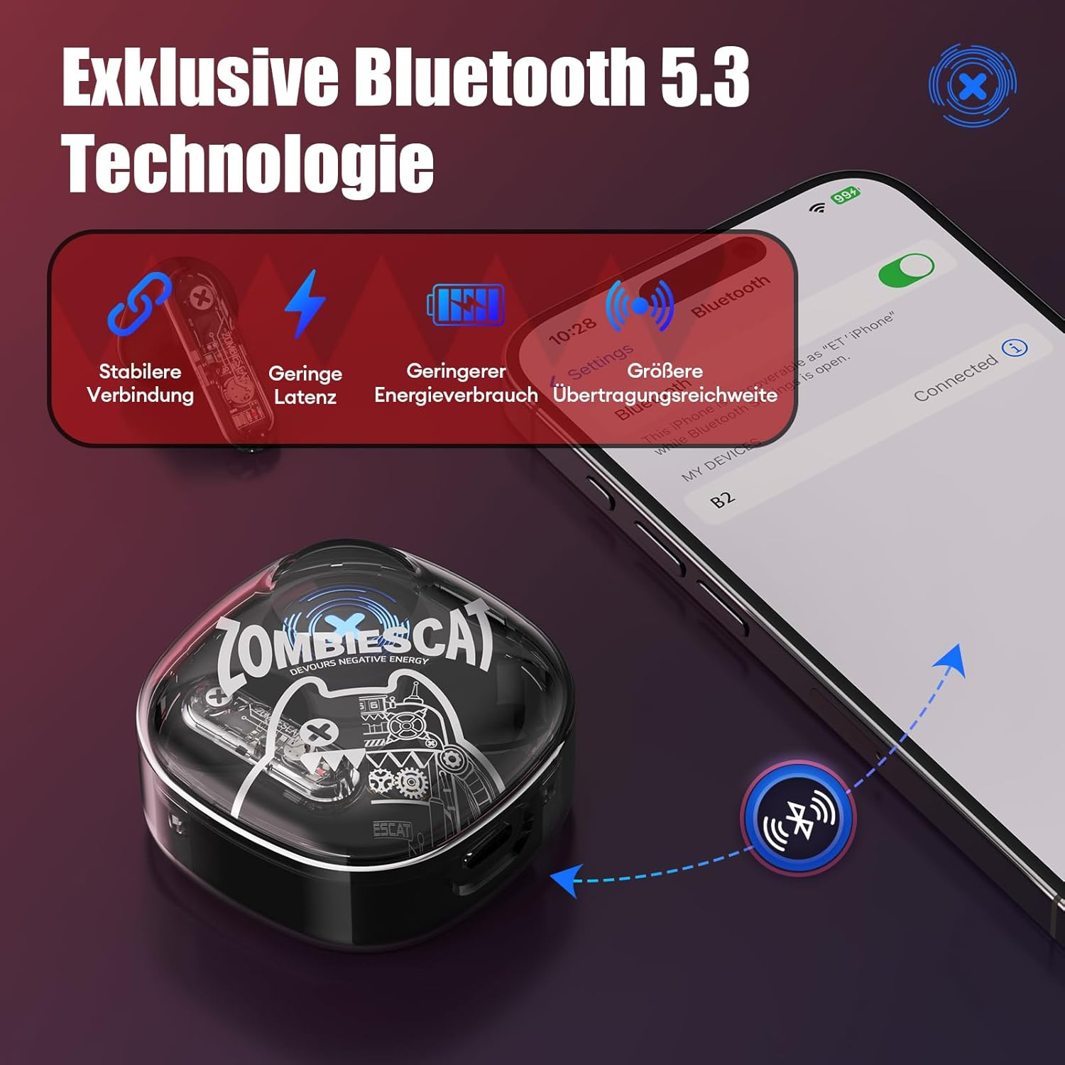 ZOMBIES CAT In-Ear Headphones Bluetooth 5.3 Touch Control In-Ear Earphones with 4 Microphones Exclusive Light Effects Intense Bass Wireless Headphones for Ios Android B2 Black - Black image number 2