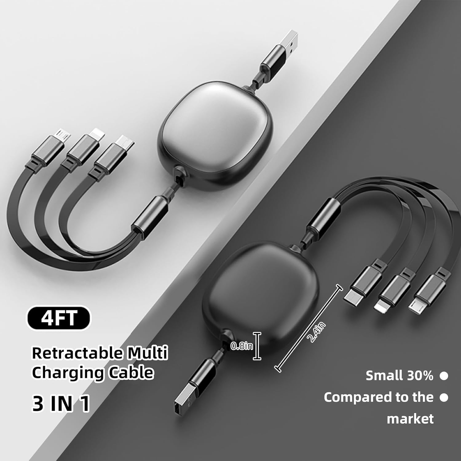 100W Retractable Multi Charging Cable, 3 in 1 Retractable Car Charger with Type C/Lightning/Micro USB Cords for Iphone 16 15 14/Galaxy/Ipad/Ps/Kindle, 4Ft 6A Fast Chargers for Multiple Devices, Black image number 1