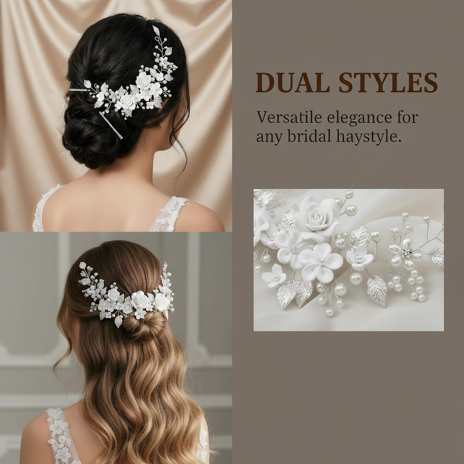 Flower Bridal Wedding Hair Vine Pearl Headband, Crystal Headband, Flower Leaf Headpiece, Pearl Hair Accessories, Hair Accessories for Women and Girls image number 6