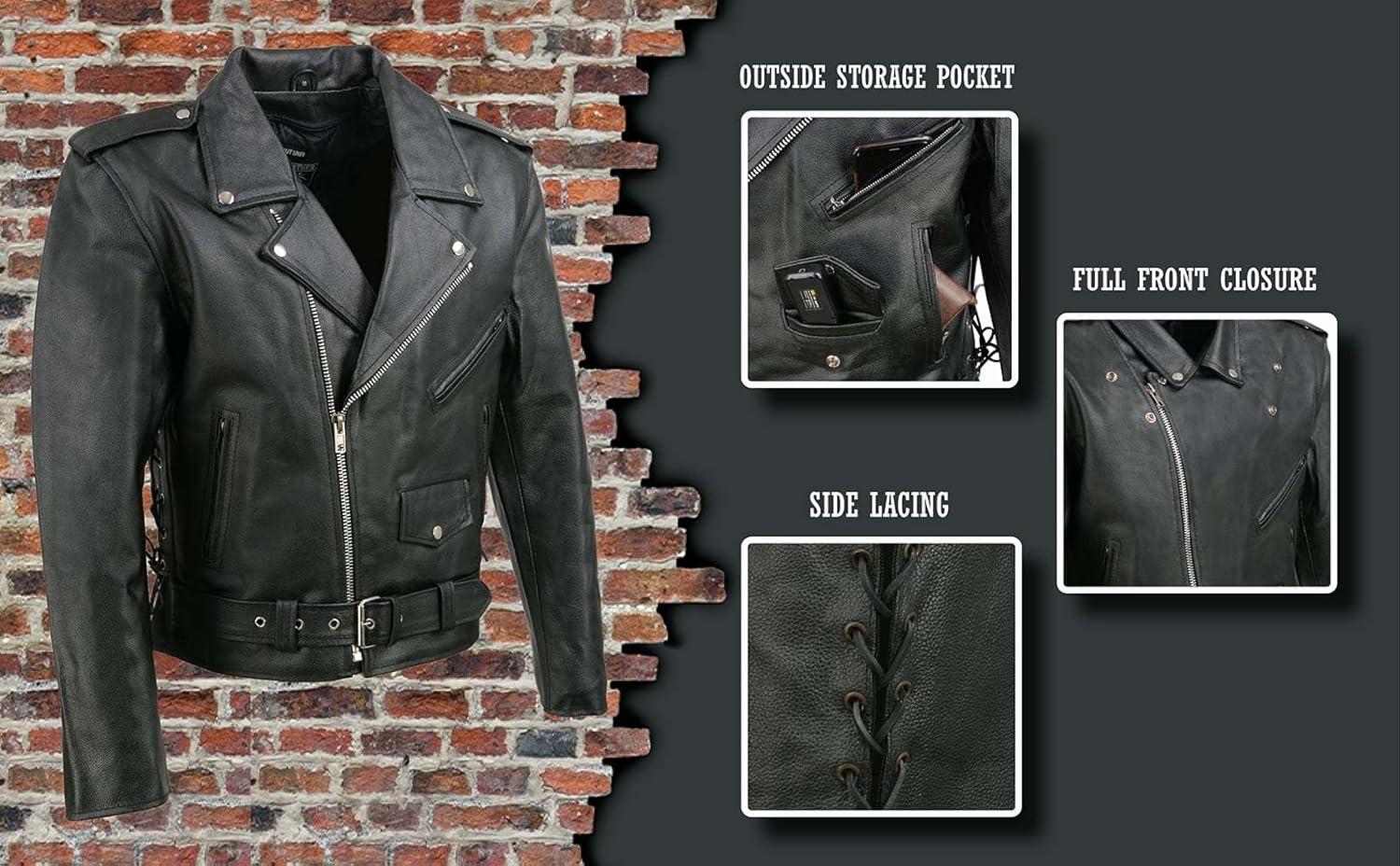 Event Biker Leather Mens EL5411 Black Classic Side Lace Jacket, Black, 4X-Large US image number 4